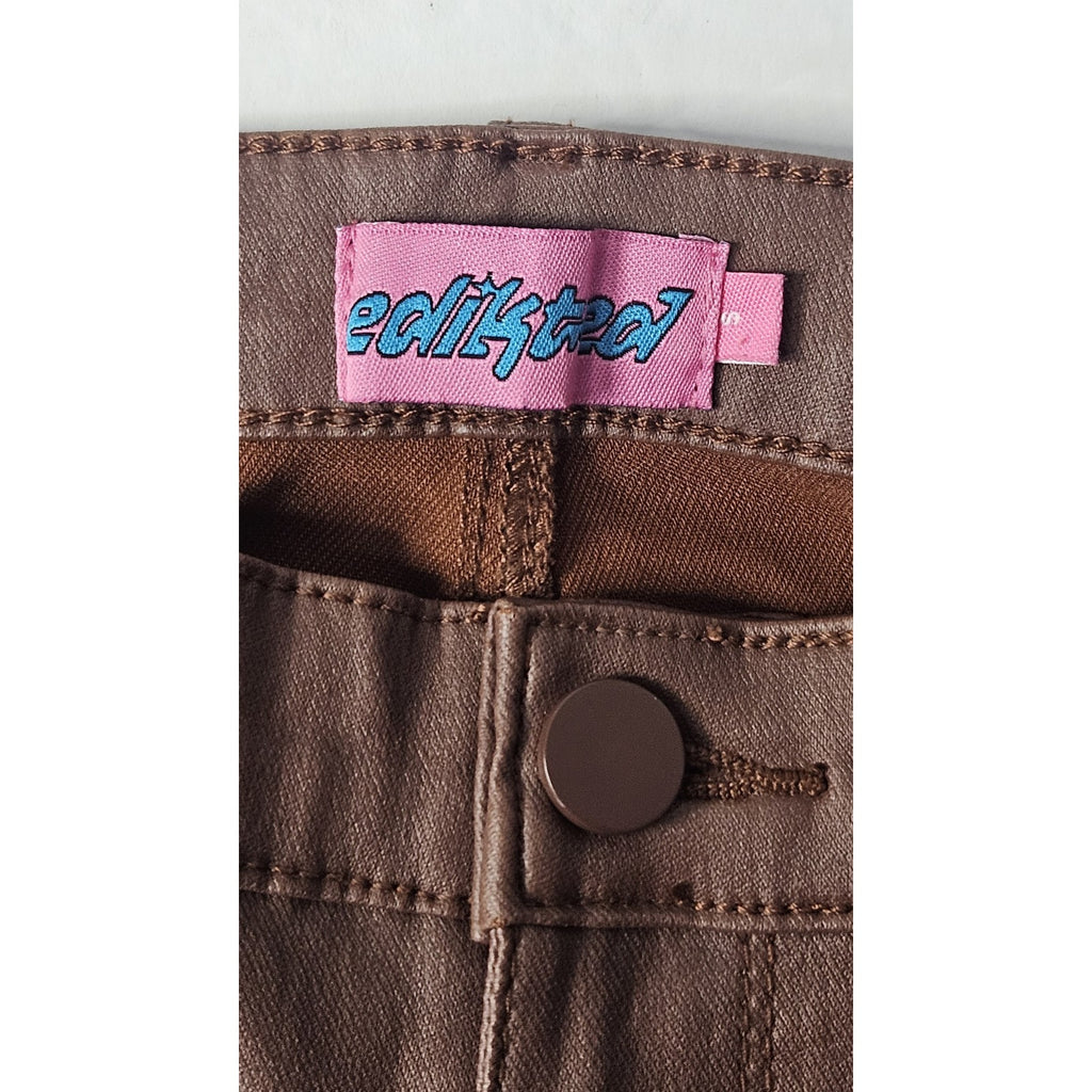 Edikted Women's Brown Shiny Denim Pant Flared Jeans High Rise Small Y2K Stretch
