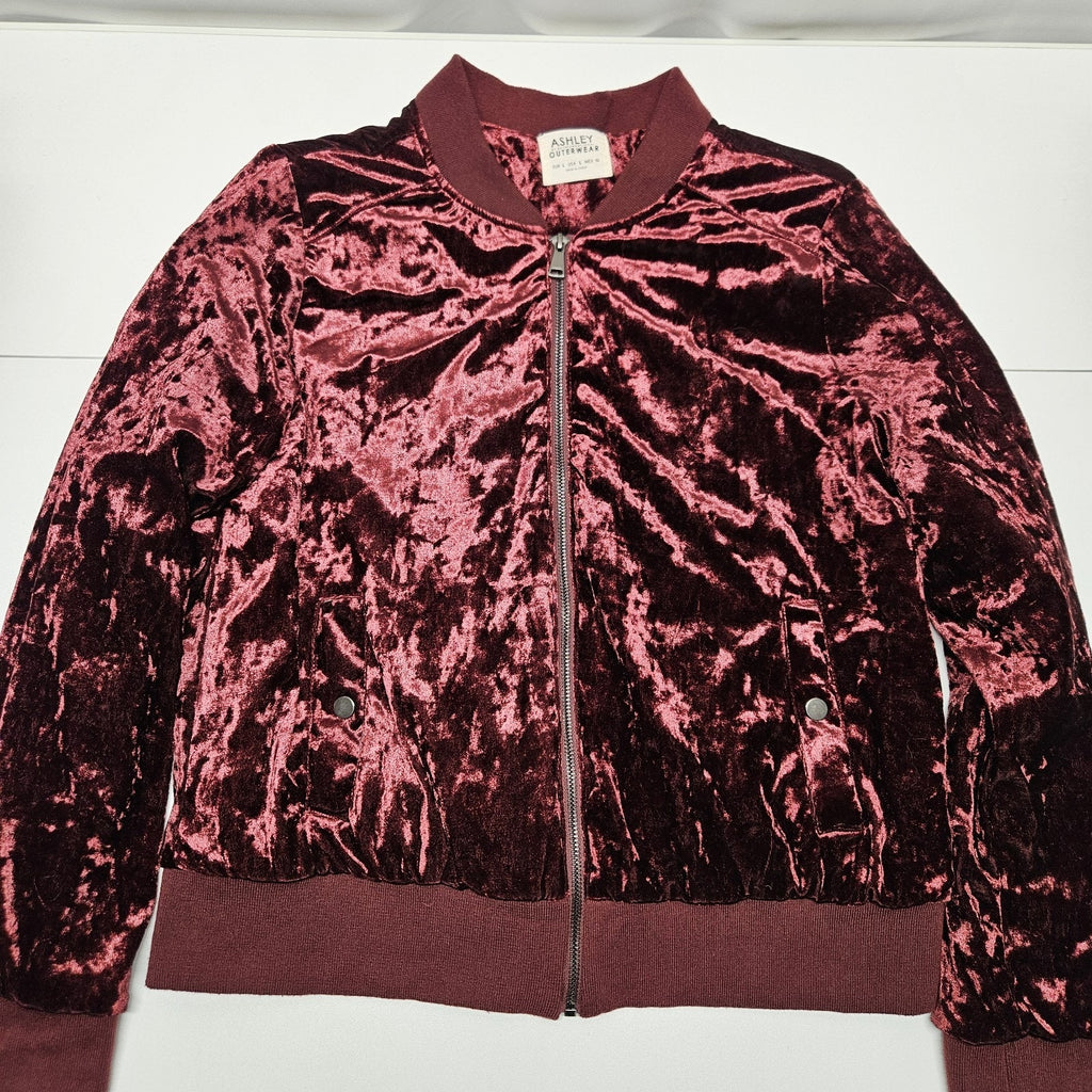 Ashley Outerwear Burgundy Crushed Velvet Bomber Jacket Women's Size Large