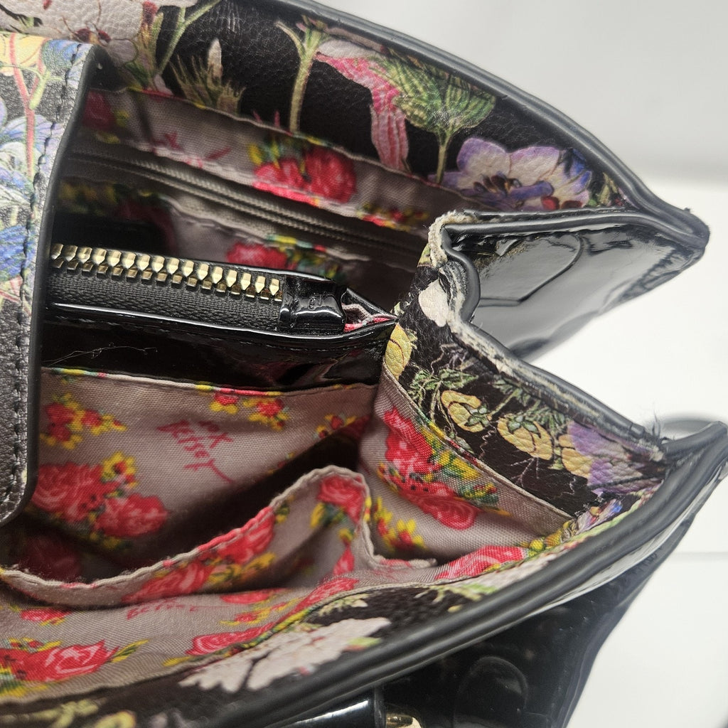 BETSEY Johnson Black Patent Hearts Satchel Tote Logo Glam Crossbody Purse