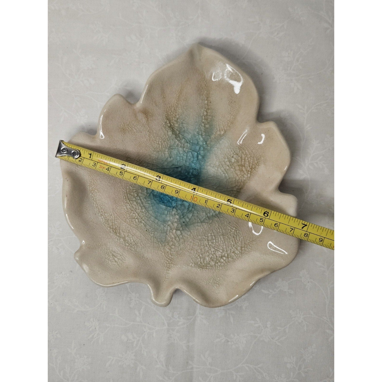 Handmade Ceramic Geode Pottery Trinket Dish Crackled Leaf 7" Dish