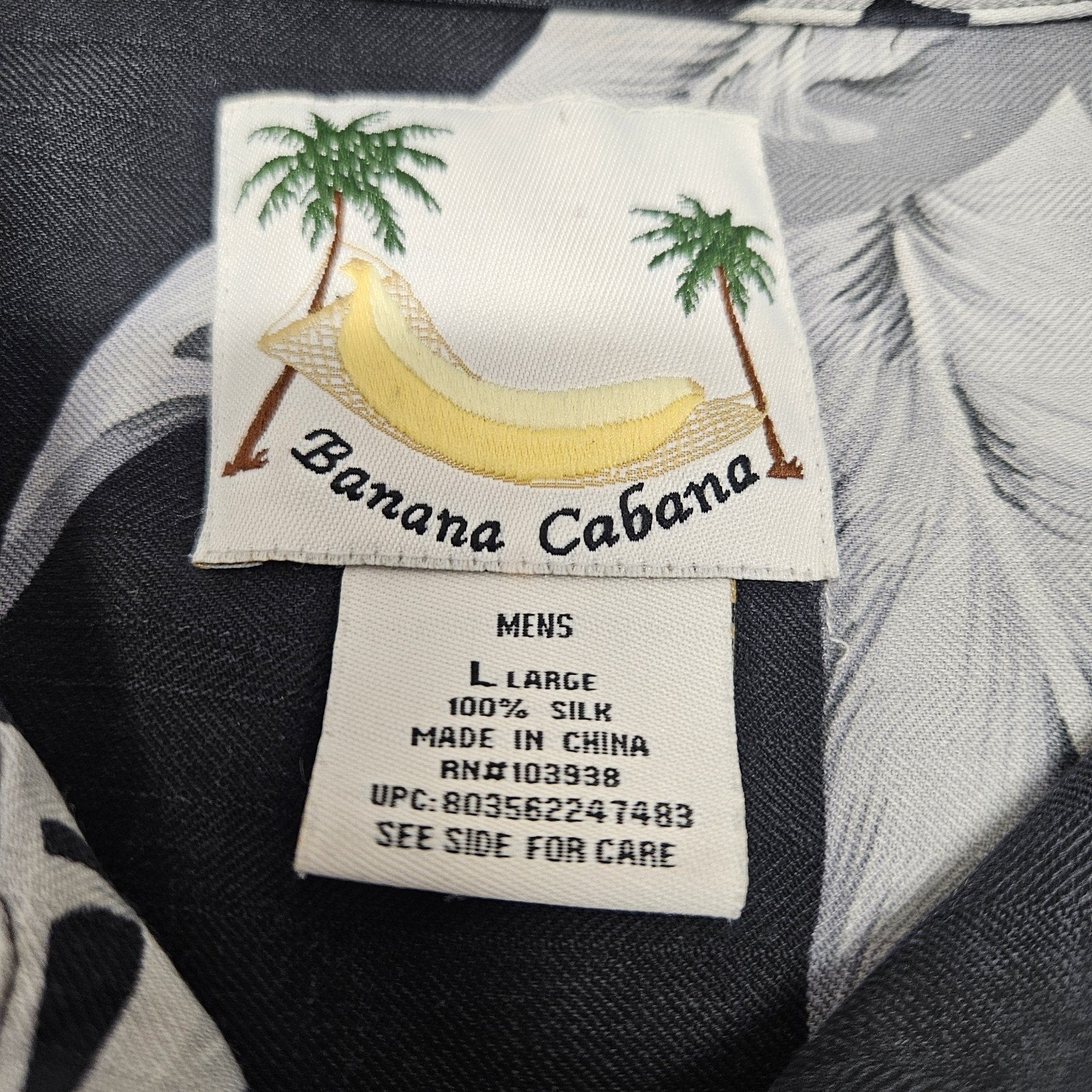 Vintage Banana Cabana Mens Black Gray Floral 100% Silk Short Sleeve Shirt Large