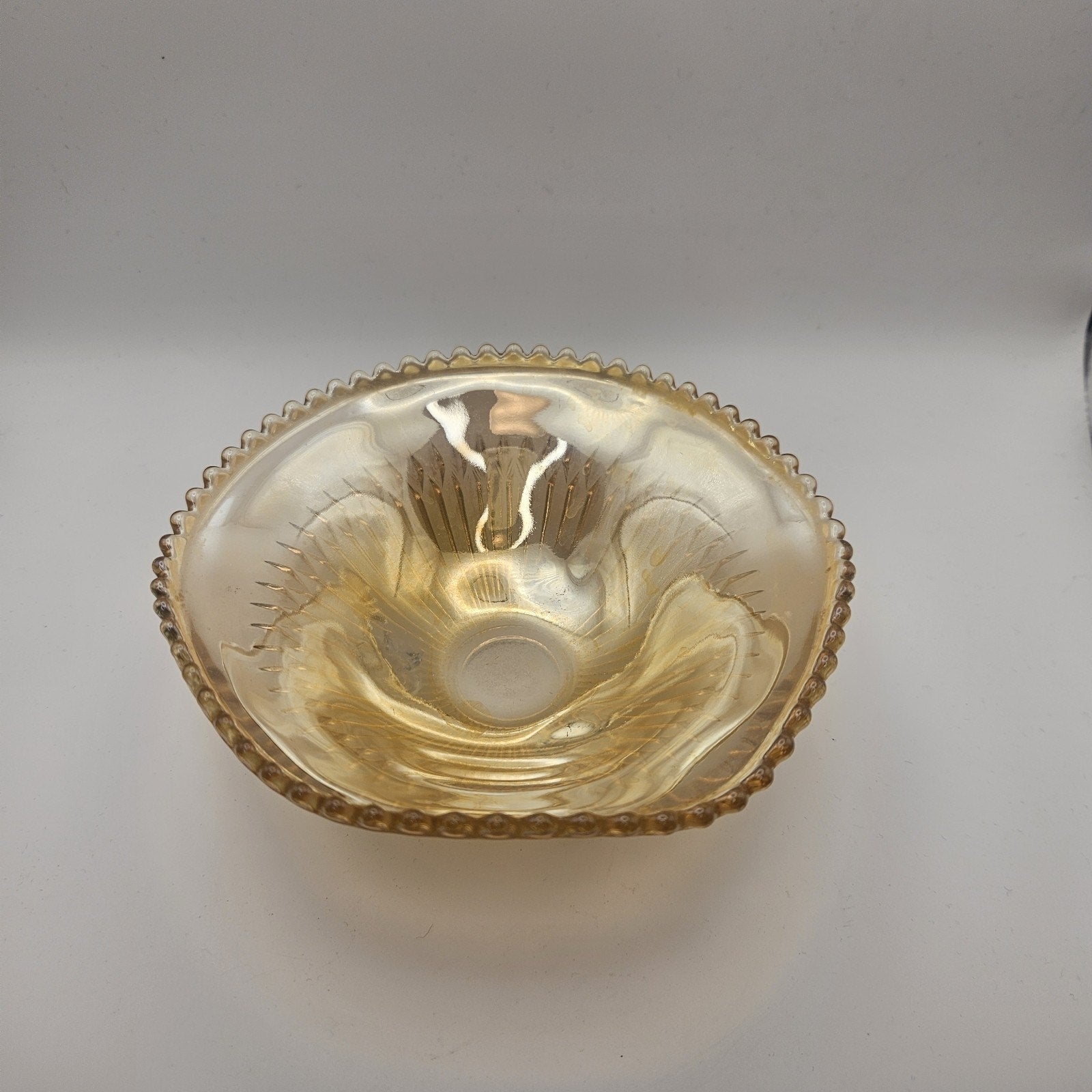 Vtg Carnival Glass Candy Dish Amber Three Footed Beaded Rim Diamond Pointed Ribs