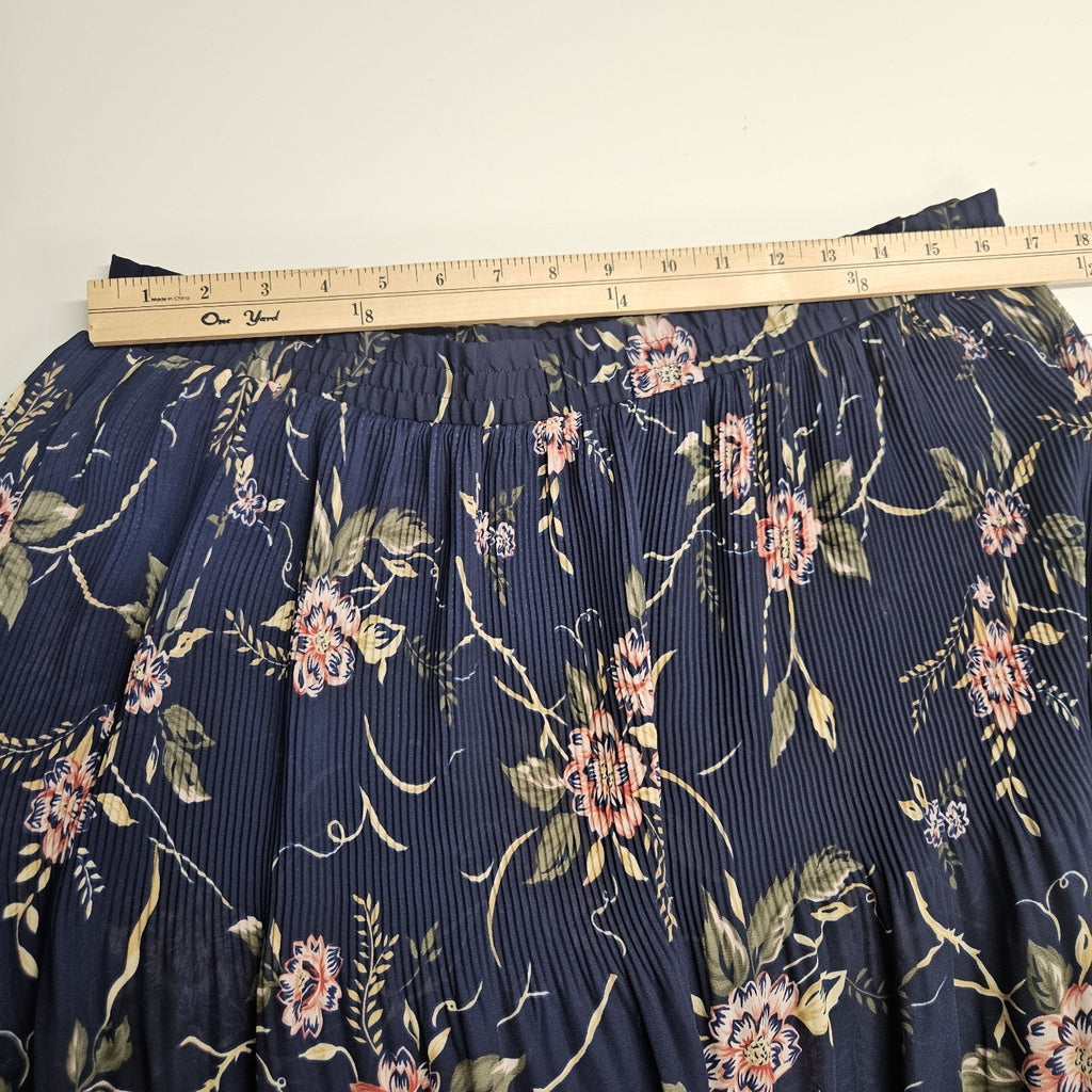 Sag Harbor Woman Navy Floral Crinkle Pleated Skirt Elastic Waist Sheer Sz Large