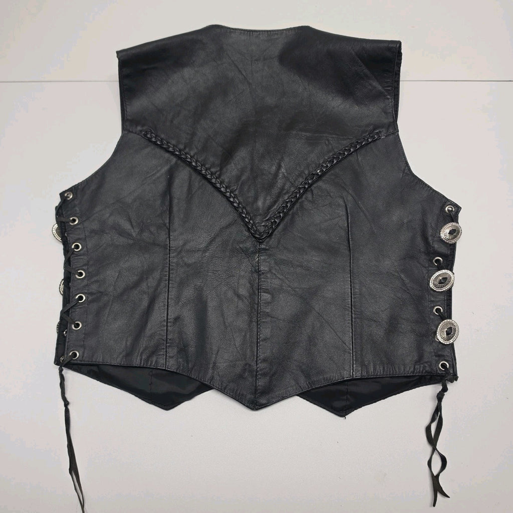 80s 90s Black Leather Snap Button Concho Vest Biker Western Motorcycle Large Vtg