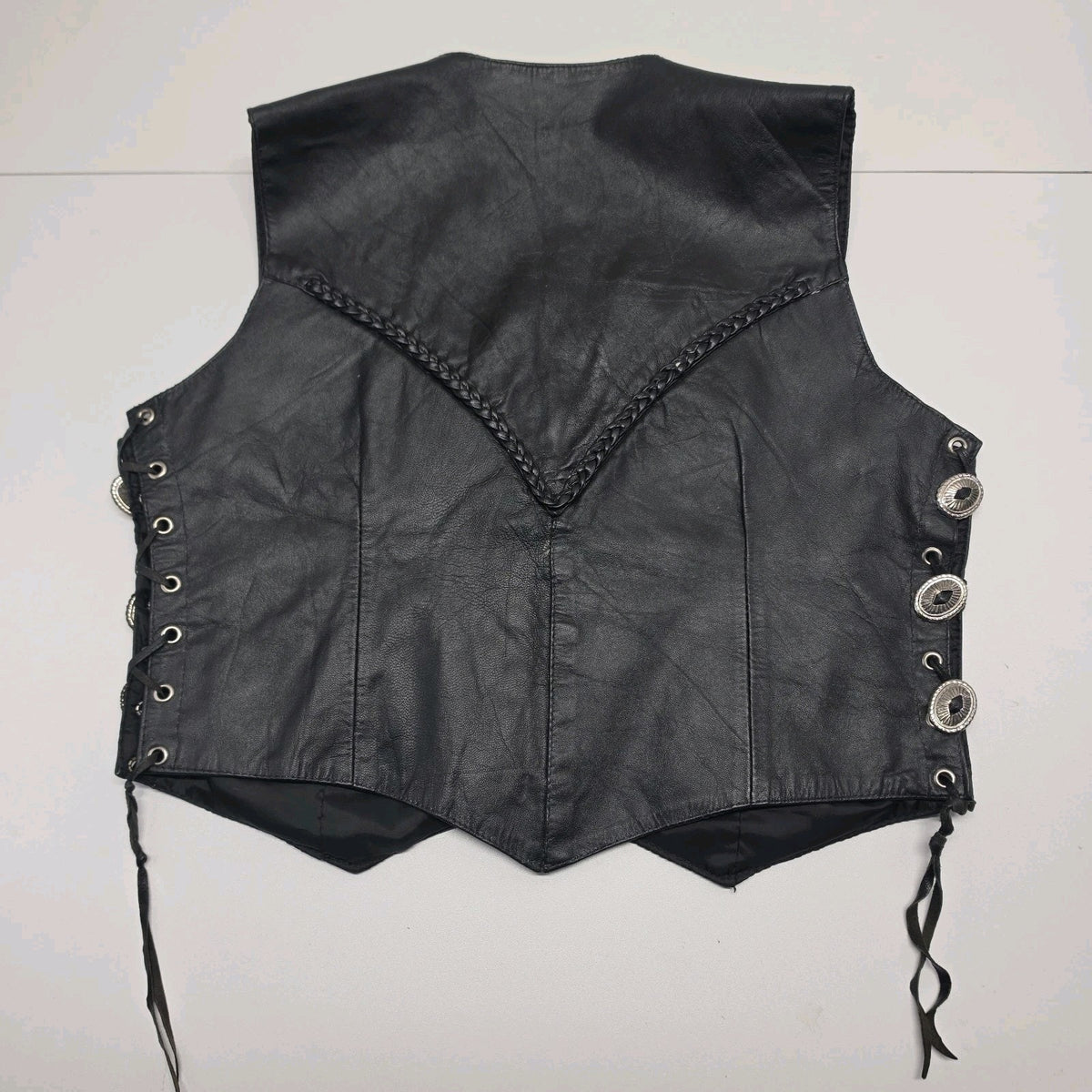80s 90s Black Leather Snap Button Concho Vest Biker Western Motorcycle Large Vtg
