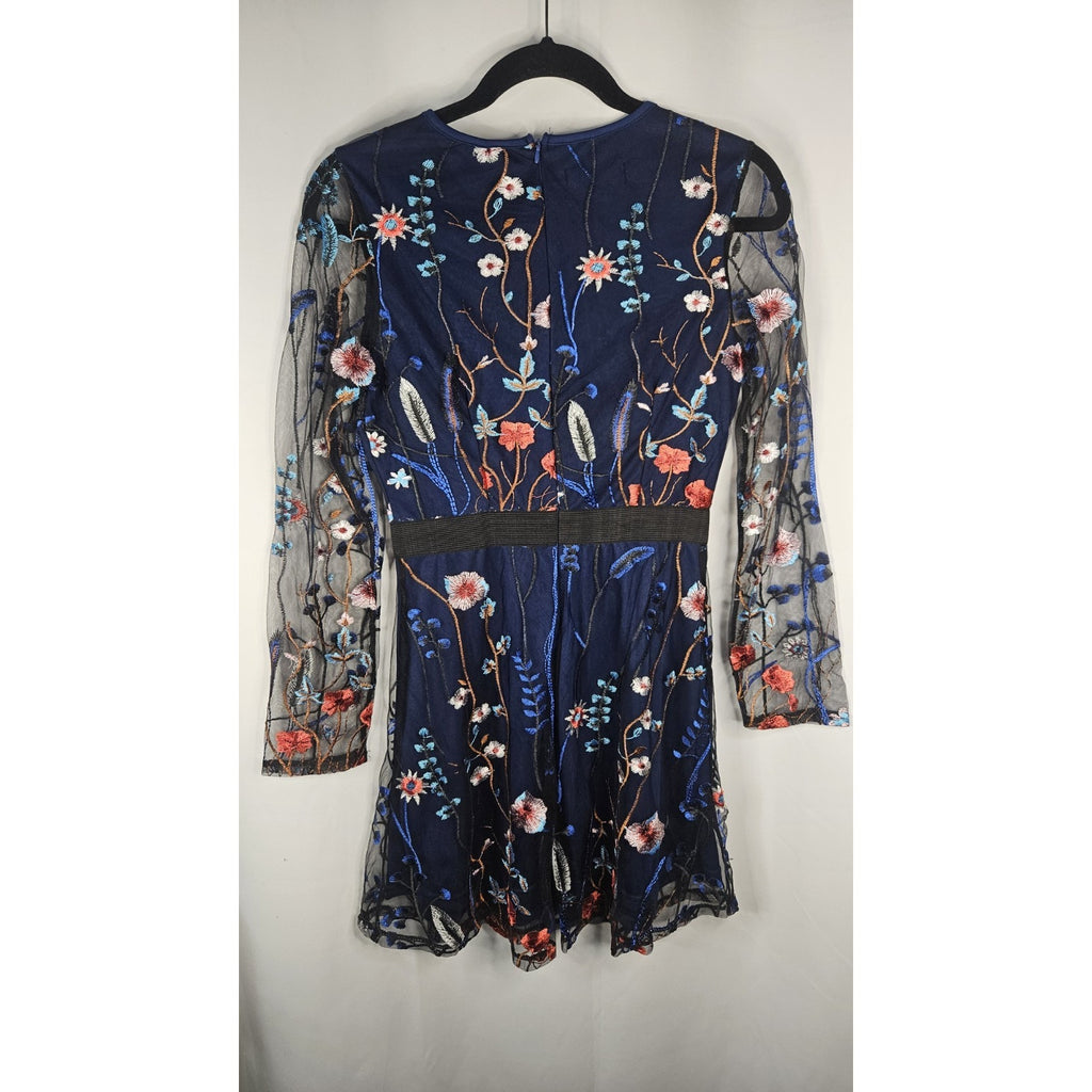 CBR Chic Boutique Rose Blue Solid Under Sheer Embroidered Floral Mini Dress NWT