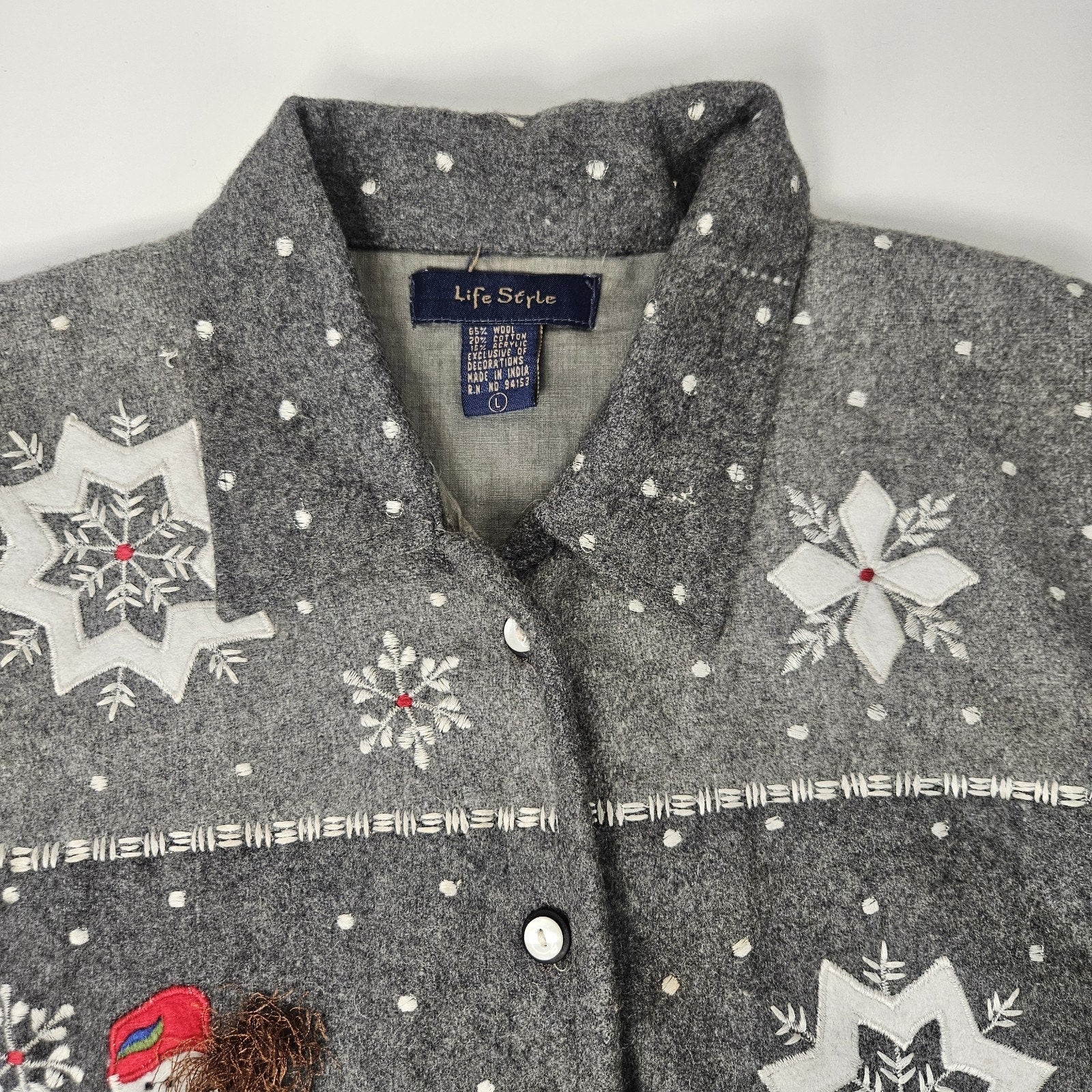Vtg Wool Blend Vest Gray Large Snowflake Snowman Christmas Cottage Artsy