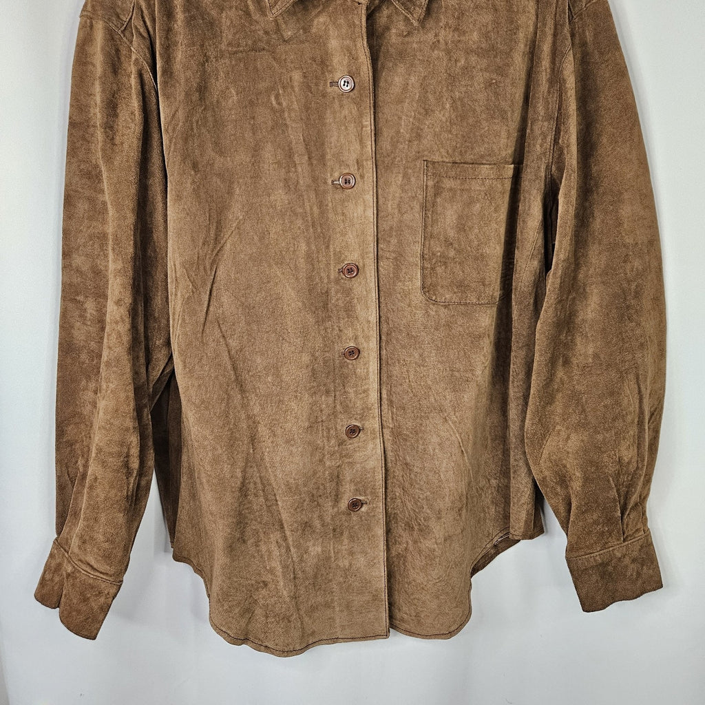 Vintage Leather Shirt Womens M Brown Pig Suede Button Up Shirt Jacket