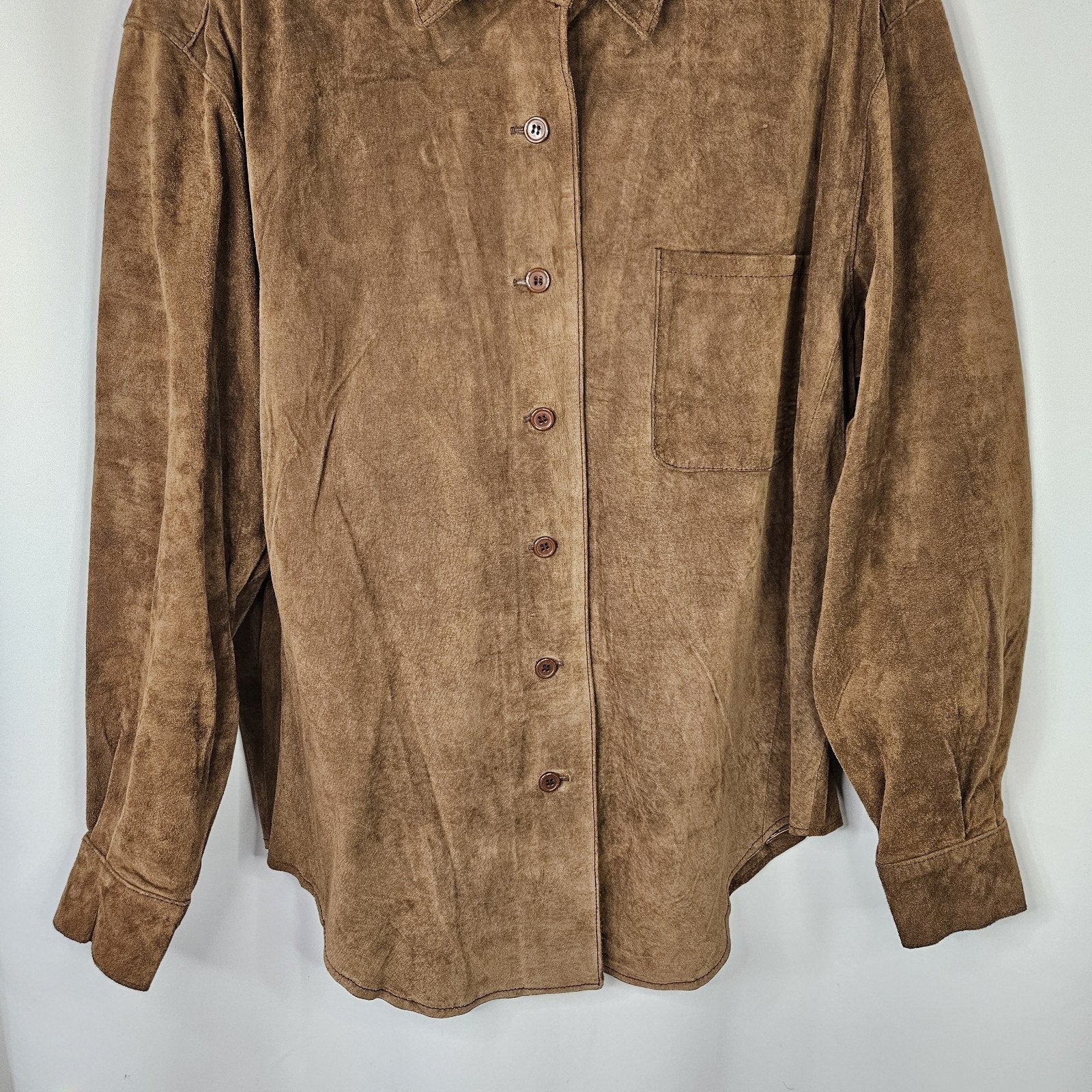 Vintage Leather Shirt Womens M Brown Pig Suede Button Up Shirt Jacket