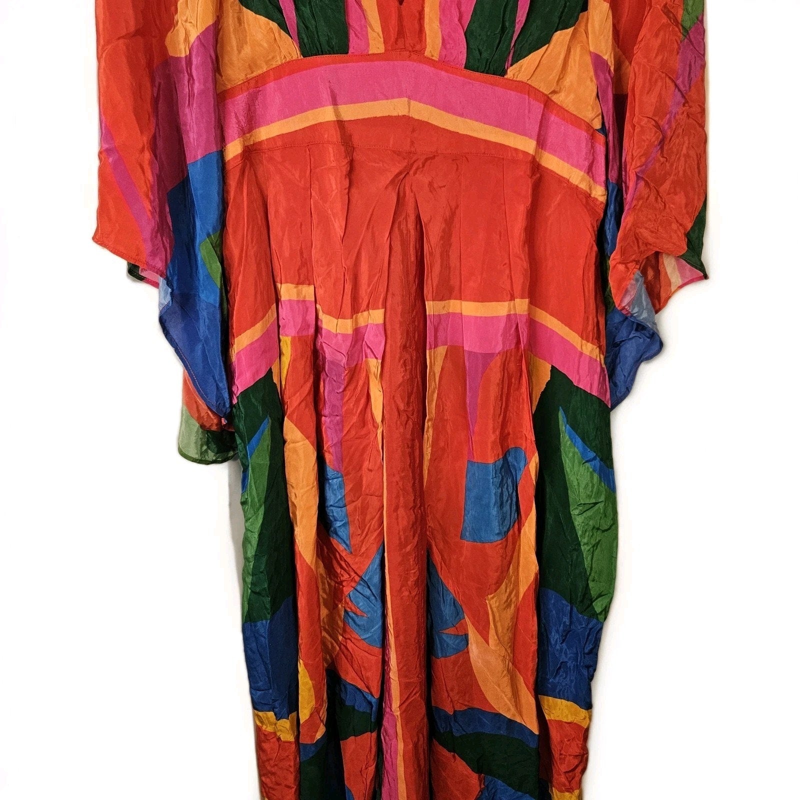 NWT Farm Rio Dress Rainbow Toucan Maxi Multicolor XL Pleated Printed Satin Maxi