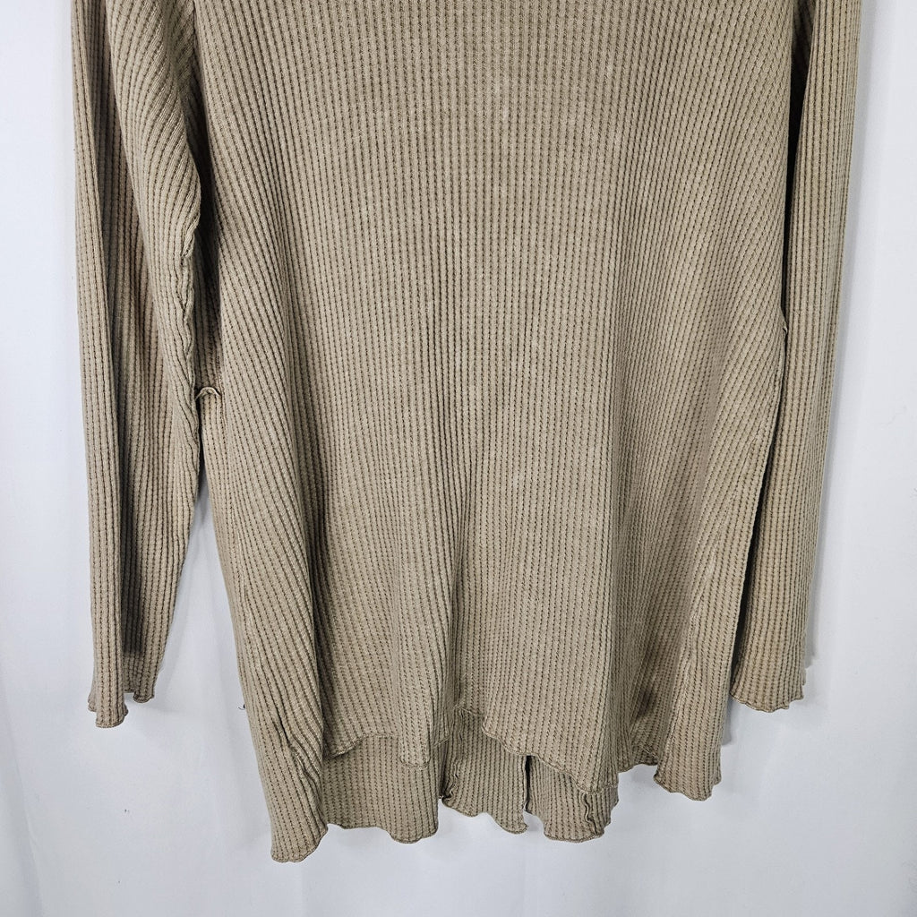 Fenini Khaki Cotton Waffle Knit Tunic Cardigan Sweater SZ XL Patchwork Boho