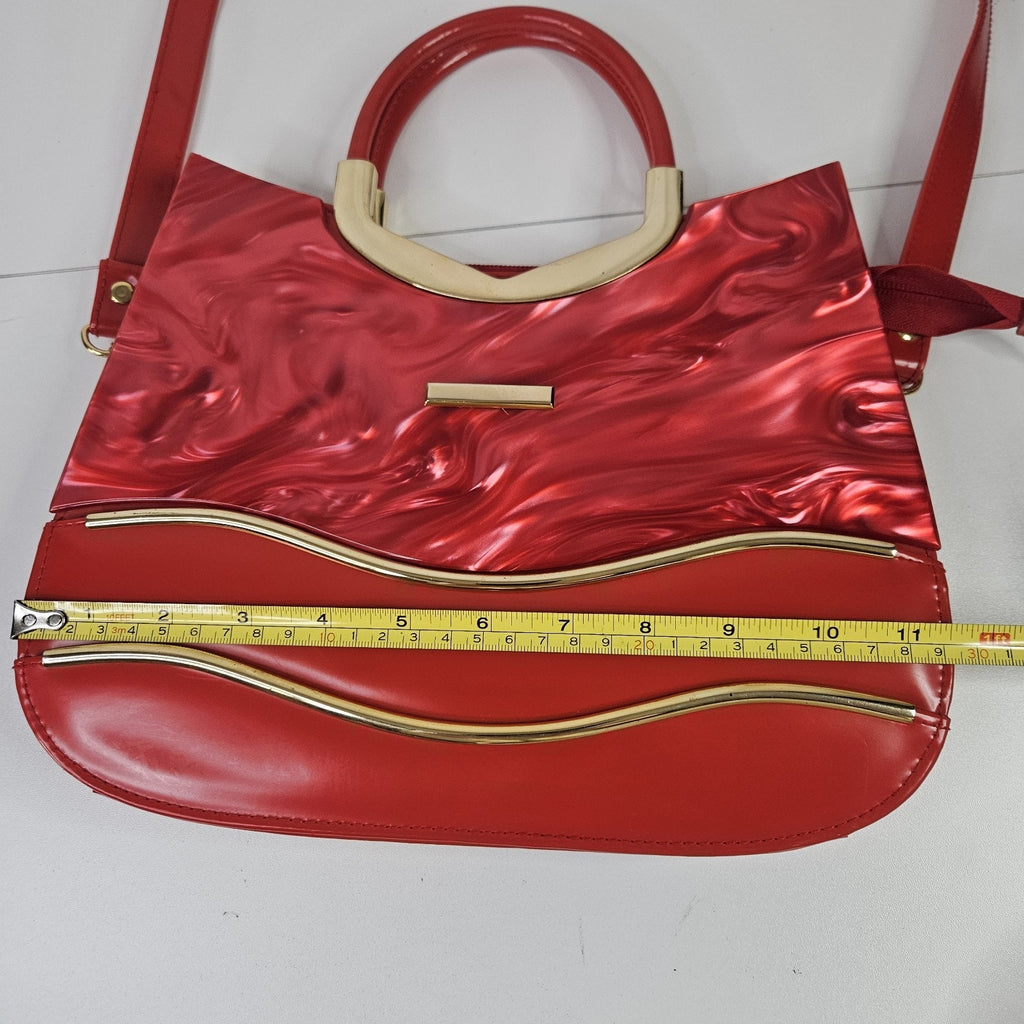 Retro Inspired Glossy Statement Handbag Red Gold Accents Acrylic Shoulder Purse