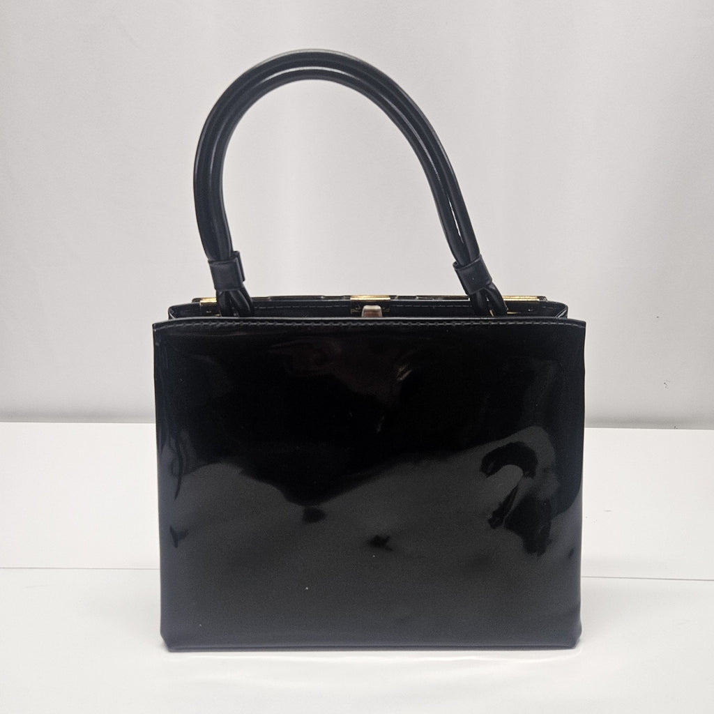 Vtg 1960s MCM Cara Shiny Black Patent Leather Bag Gold & Silver Trim Top Handles