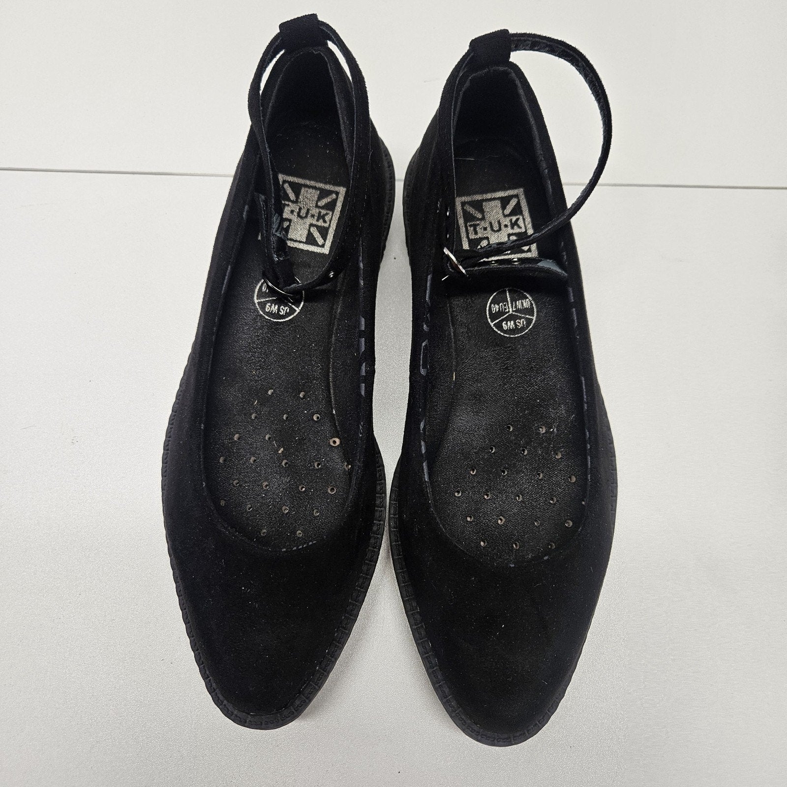 TUK Black Pointed Ballet Ankle Strap Creeper Women's Size 9 Casual Comfort Shoes