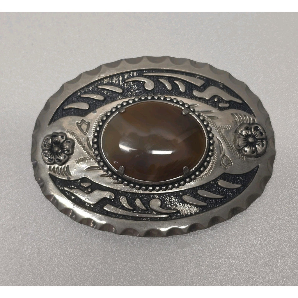 Vintage Western Belt Buckle Oval Silver Tone Brown Agate Stone Cowboy Equestrian
