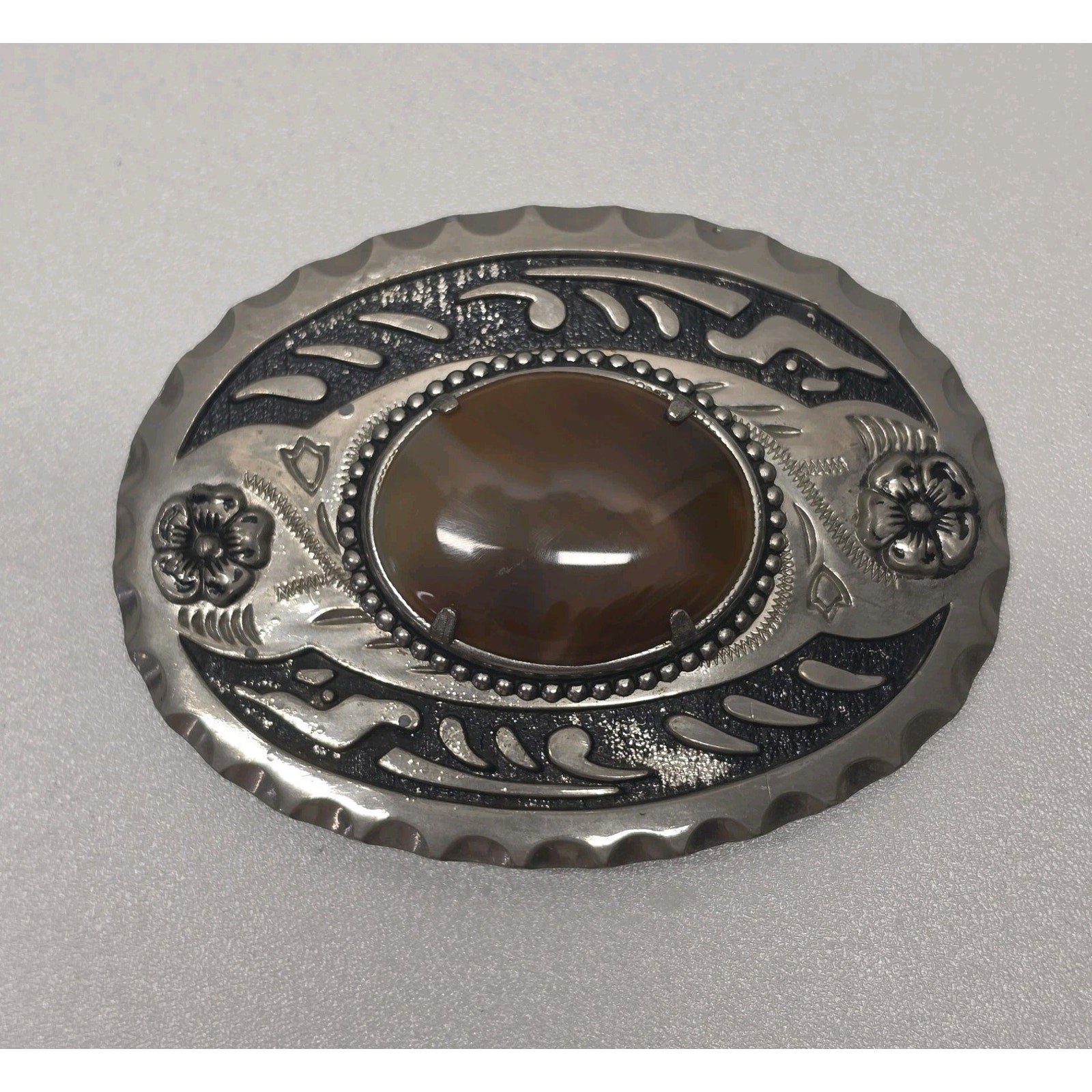 Vintage Western Belt Buckle Oval Silver Tone Brown Agate Stone Cowboy Equestrian