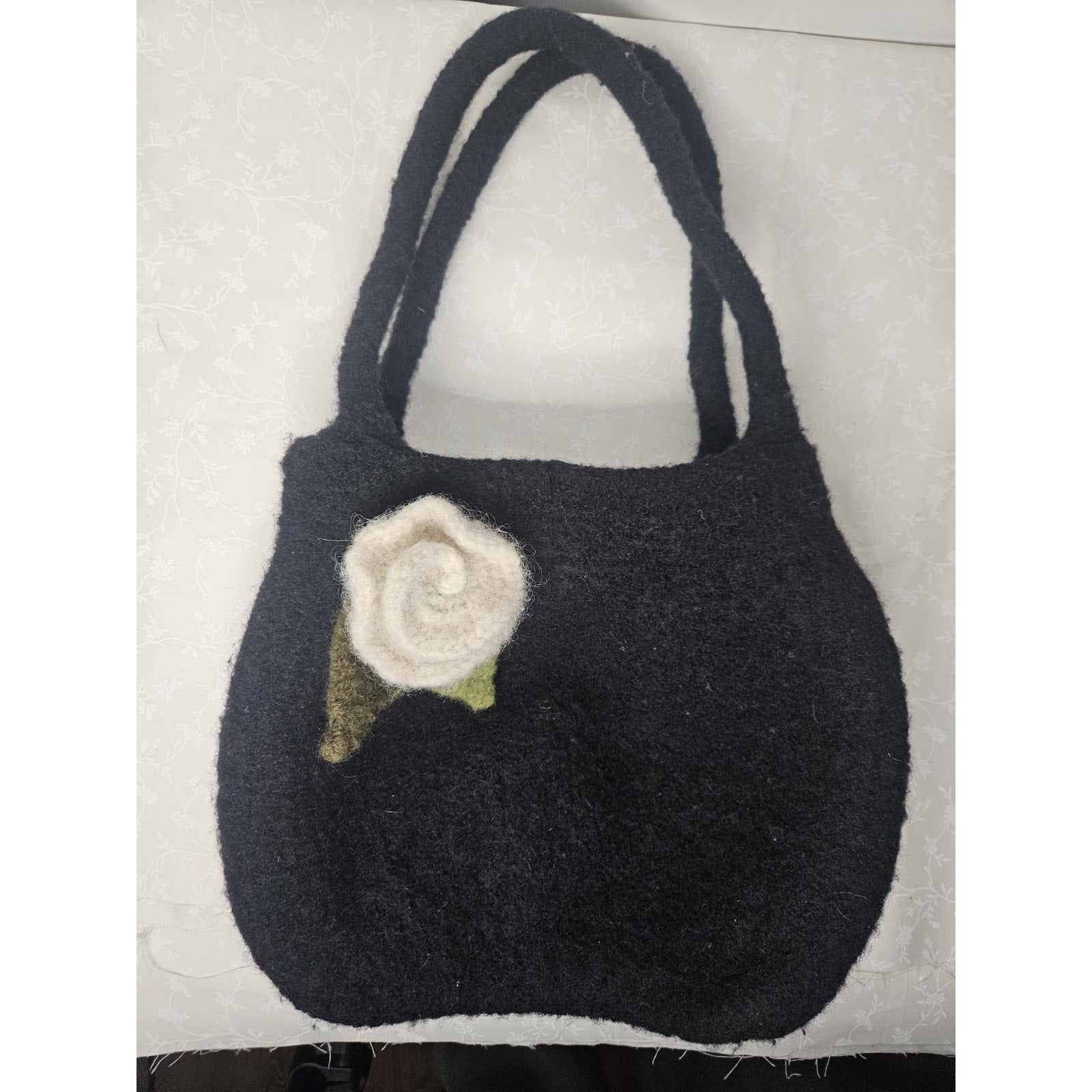 Vintage Wool Tote Bag Black w White Flower Accent Cottage Handbag Grannycore