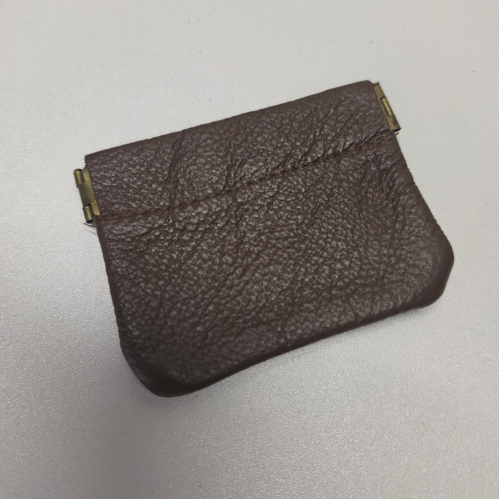 Vintage Brown Leather Squeeze Coin Purse Change Pouch Key Holder Spring Frame