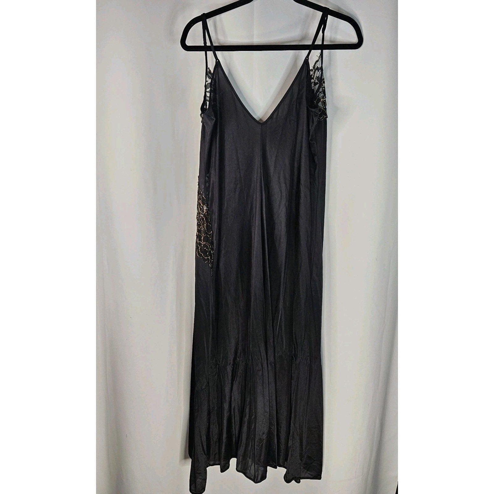 Vintage 80s Glam Lingerie Black Maxi Slip Dress Nightgown Gold Lace Large