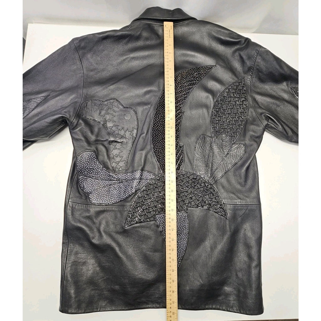 Unique 80s Oversized Black Leather Jacket Patchwork Blazer Medium Edgy Glam Vtg