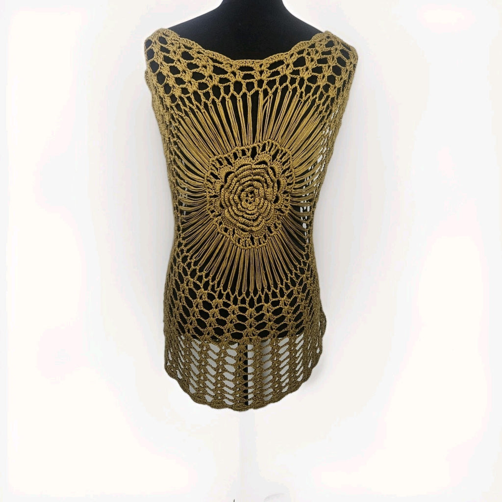 Unbranded Crochet Flower Top Womens XS/S Cotton Open Knit Gold Boho Festival