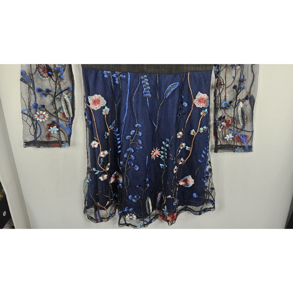 CBR Chic Boutique Rose Blue Solid Under Sheer Embroidered Floral Mini Dress NWT