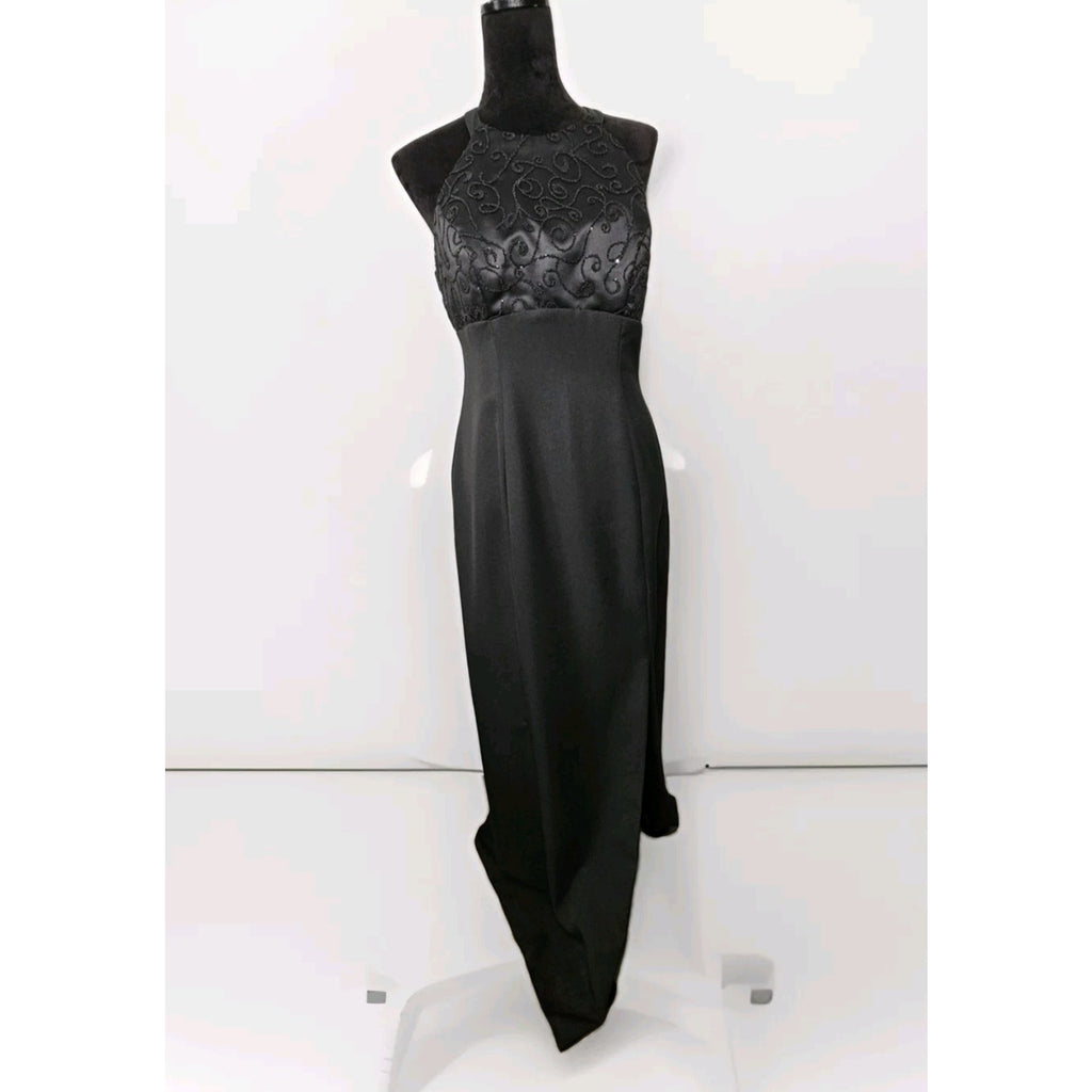 Vintage Hand Stitched Brocade Bodice Halter Dress Black Size 10 Evening Gown