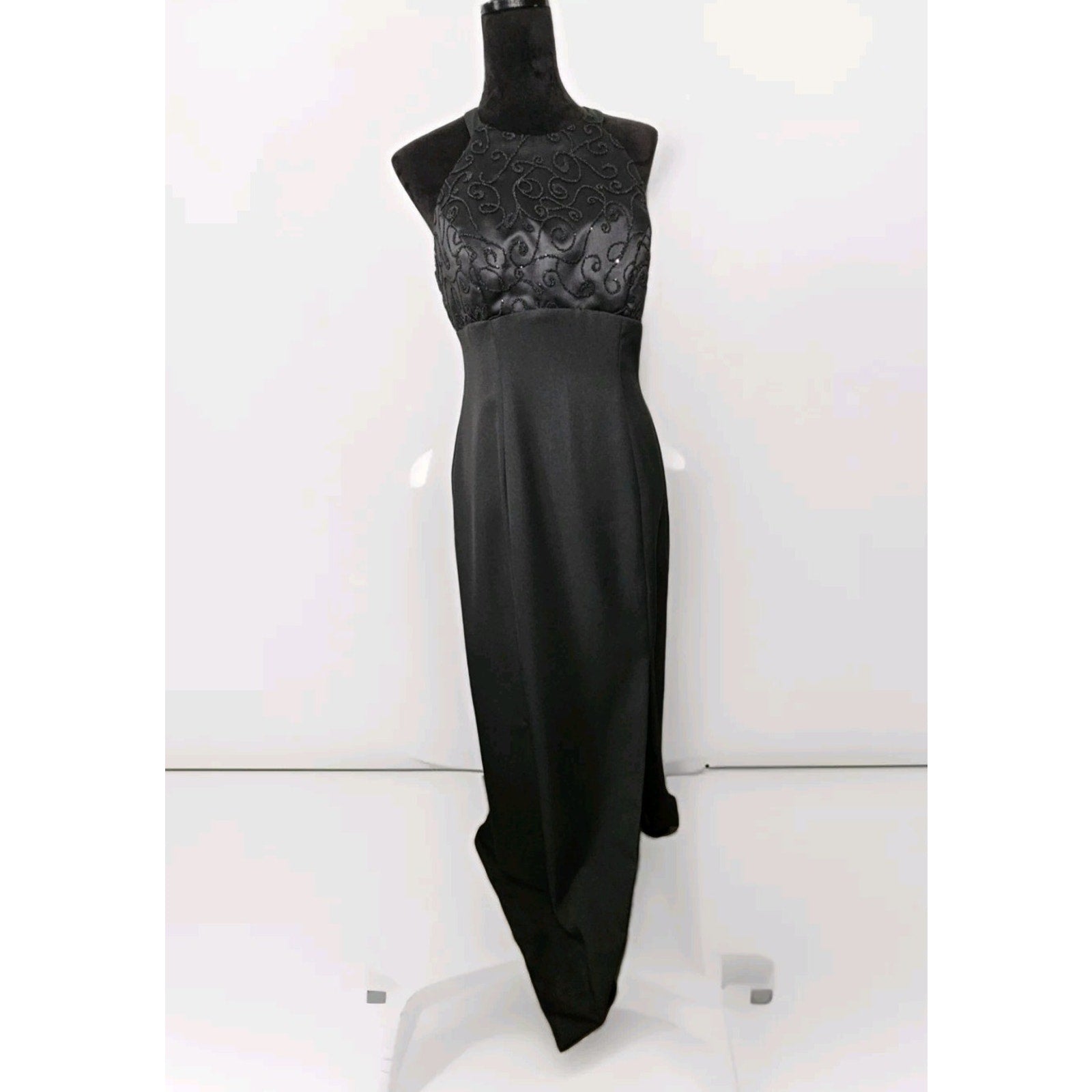 Vintage Hand Stitched Brocade Bodice Halter Dress Black Size 10 Evening Gown