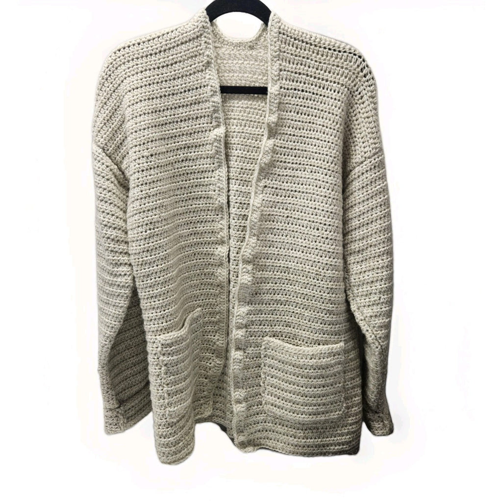 Handmade Knitted Crochet Beige Oversized Open Cardigan Large Boho Cozy Pockets