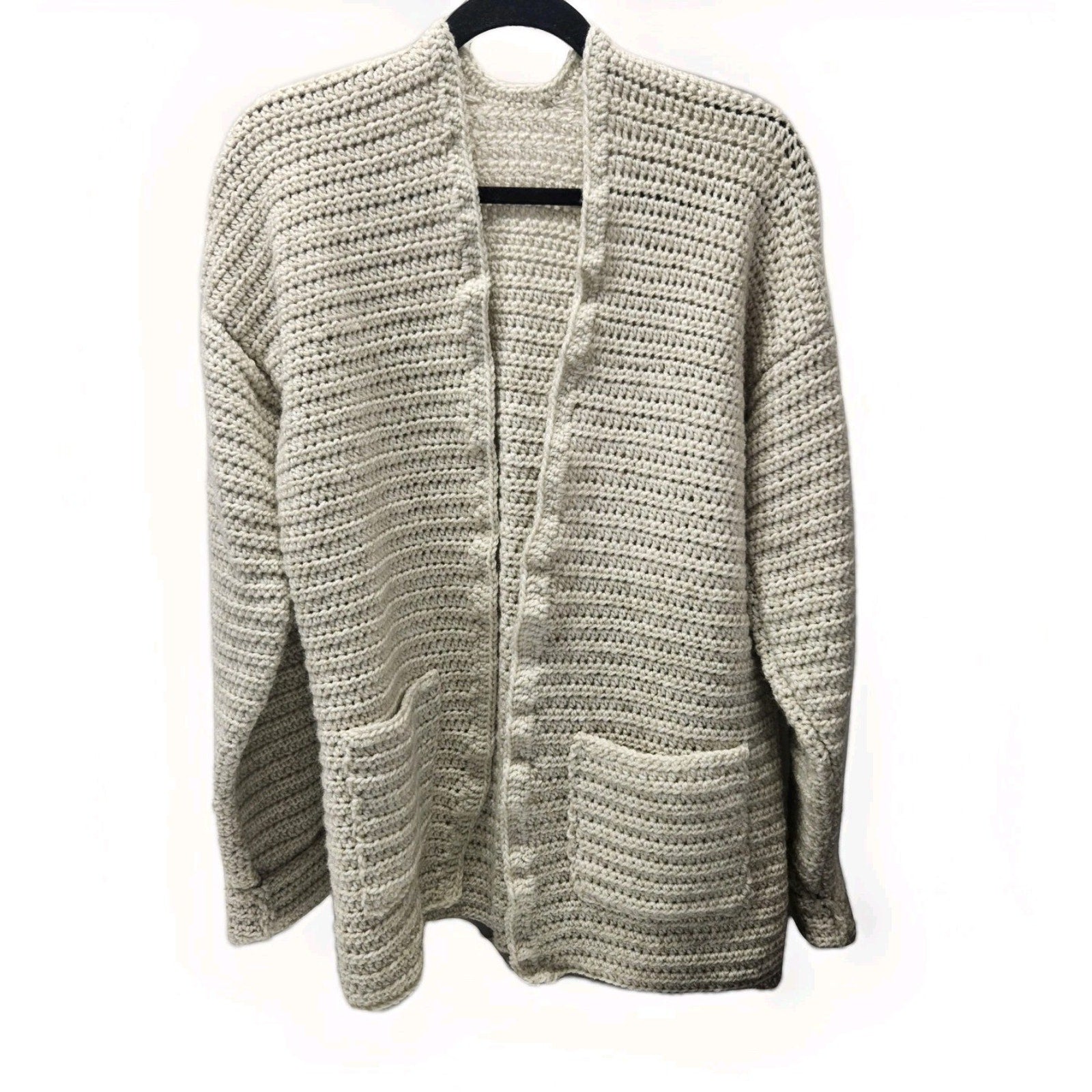 Handmade Knitted Crochet Beige Oversized Open Cardigan Large Boho Cozy Pockets