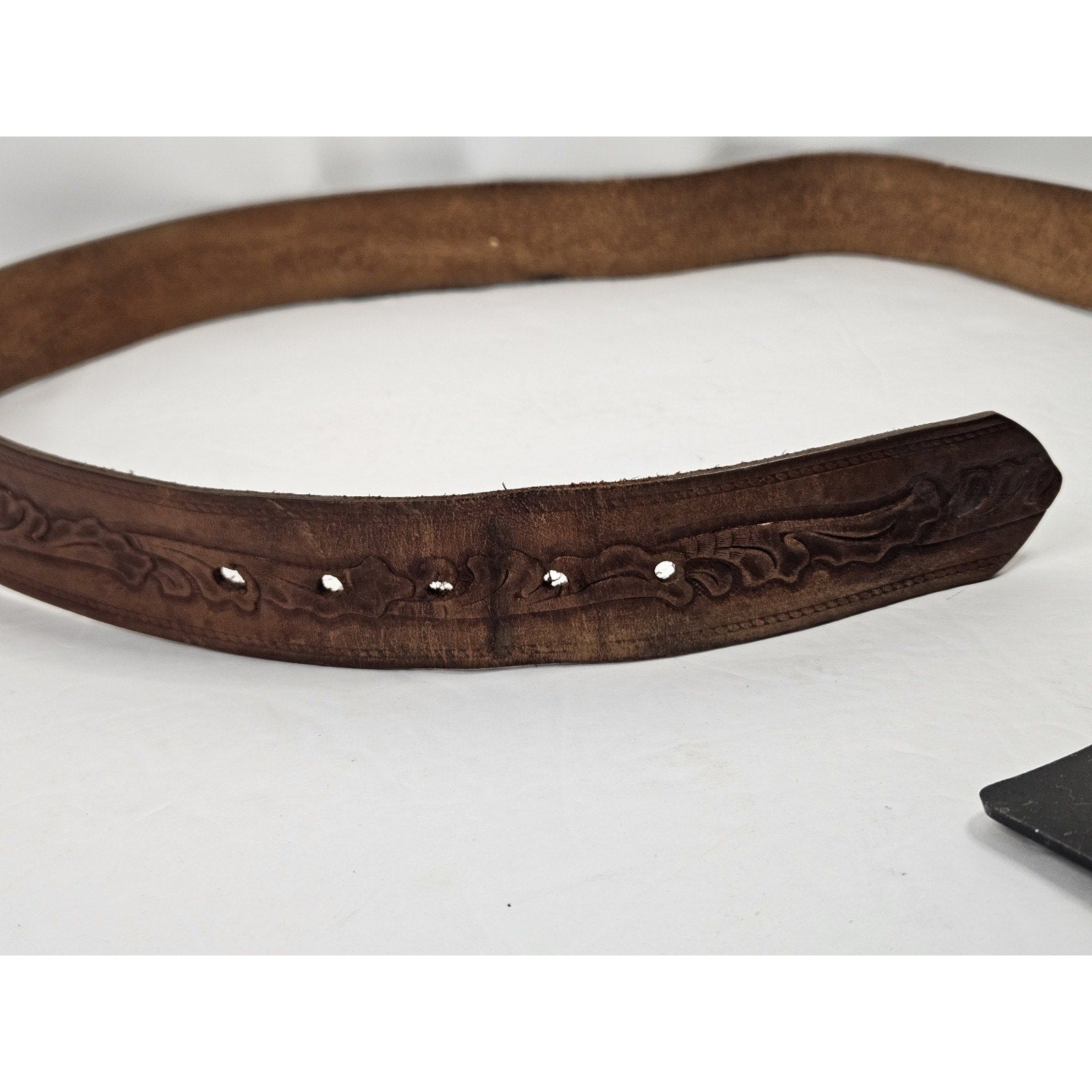 Vintage 80s FRONTIER Gold Rush Club Belt Buckle w/ Embossed Brown Leather Belt