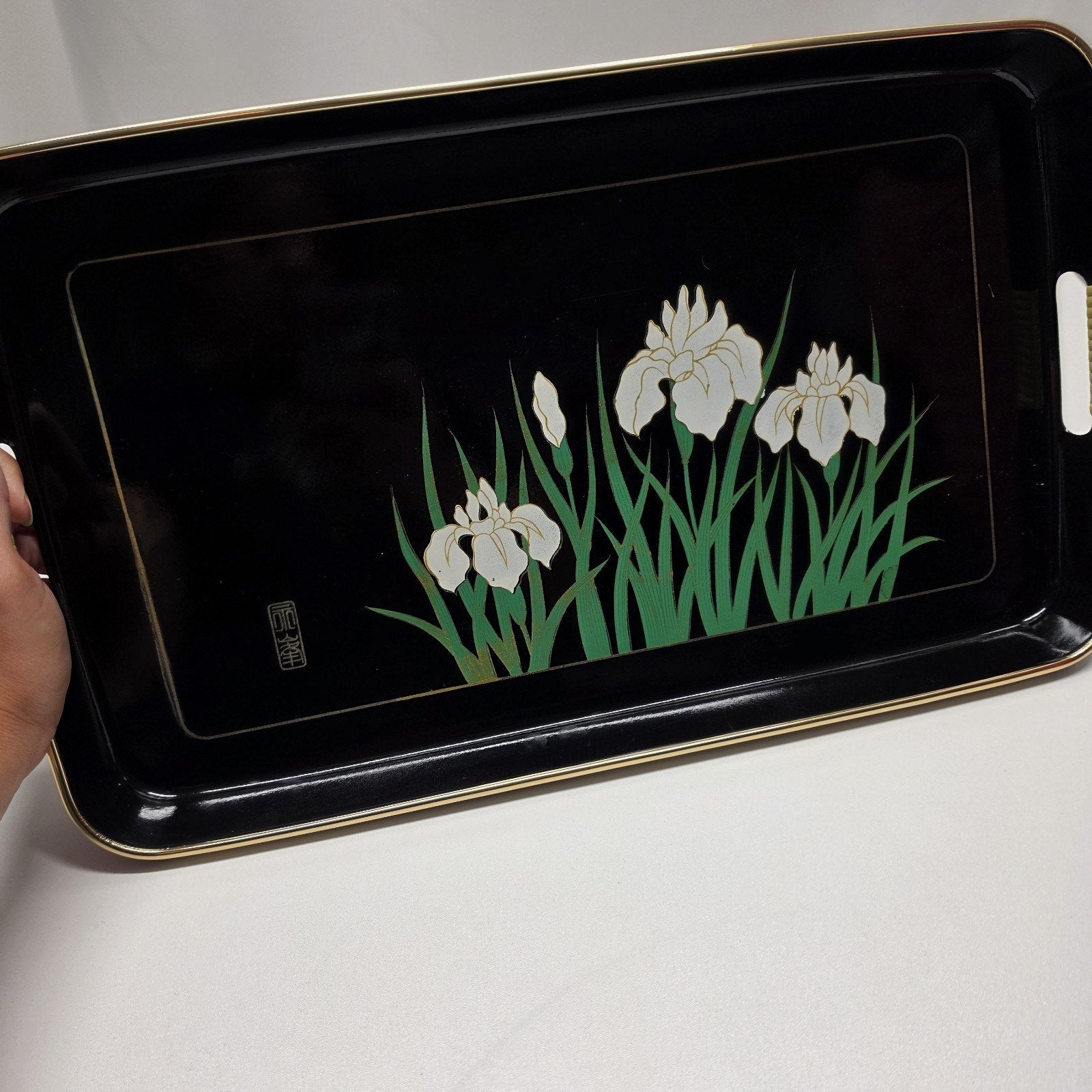 Vintage Handpainted Japanese Butterfly Tray With Handles 19x11" Black Retro Boho
