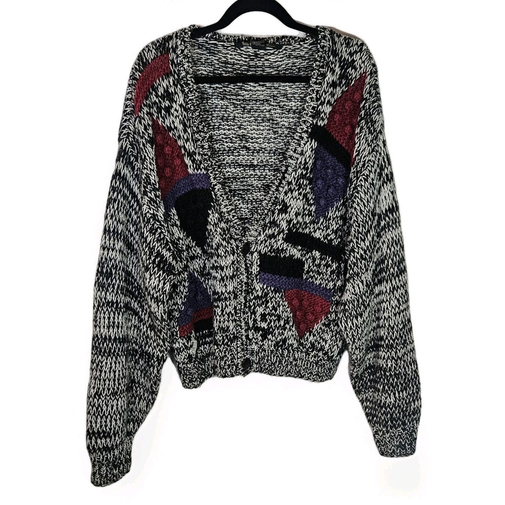 Vtg Handmade 80s Black & Gray Chunky Abstract Cardigan Sweater Women's Large