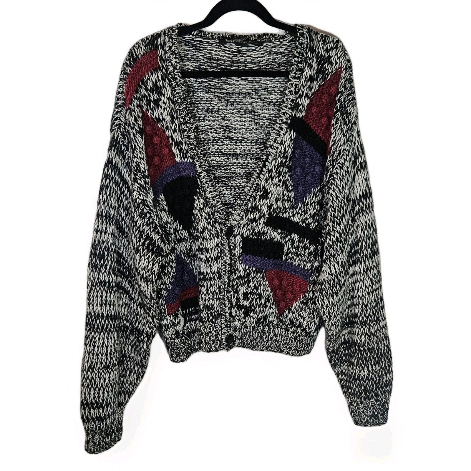 Vtg Handmade 80s Black & Gray Chunky Abstract Cardigan Sweater Women's Large