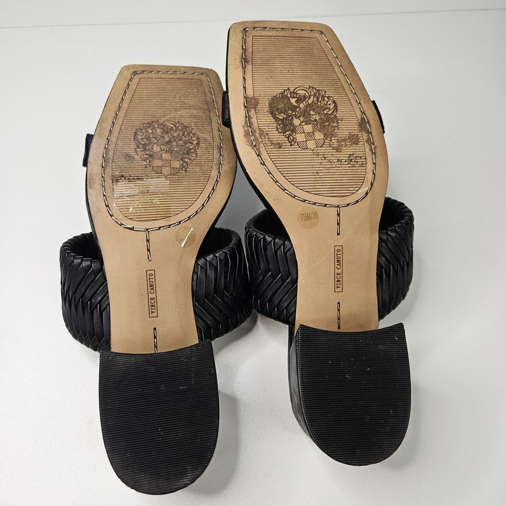Vince Camuto Shamira Black Leather Woven Block Heel Sandals Womens 7.5M MSRP $99