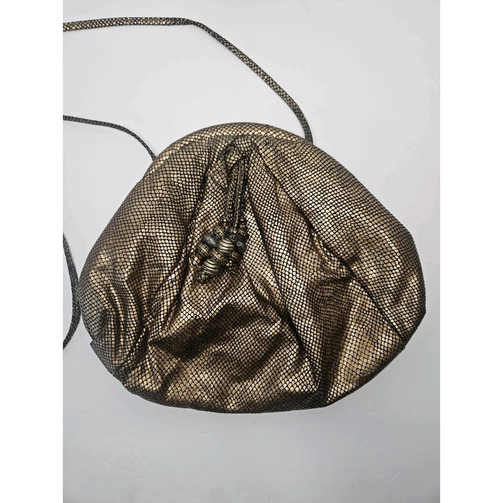 Vintage 80s Faux Bronze Cloth Snake Skin Purse Clam Shell Closure Crossbody