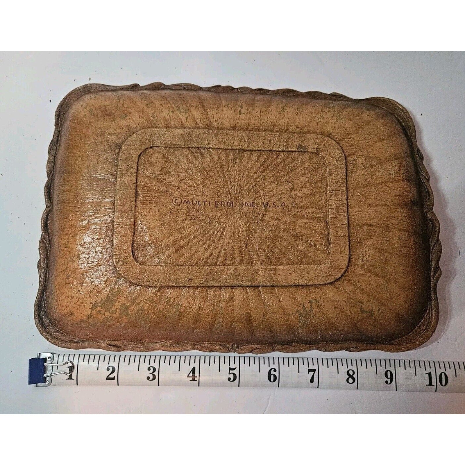 Vintage Multi Products Inc Brown Resin Faux Wood Tray Carved Flowers USA