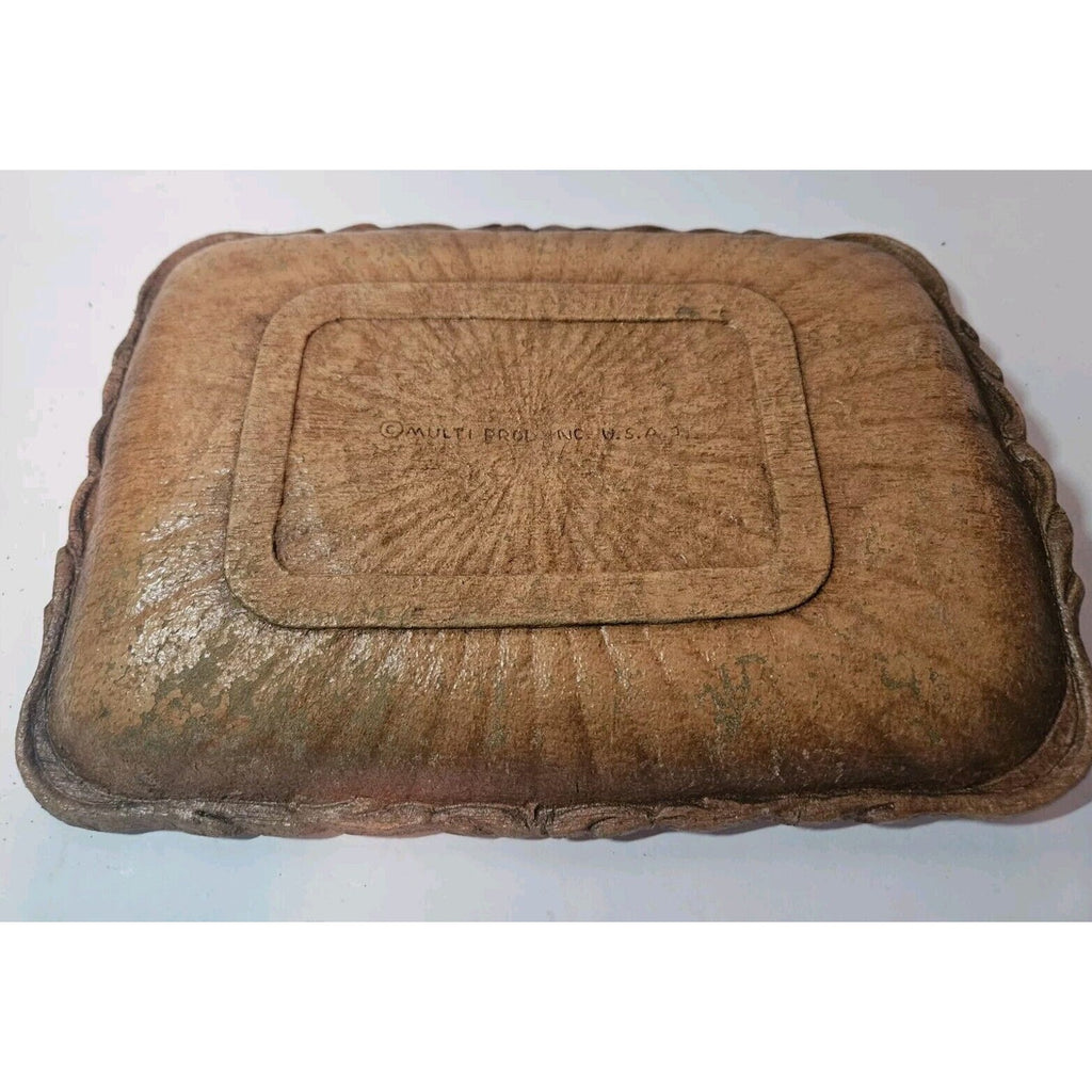 Vintage Multi Products Inc Brown Resin Faux Wood Tray Carved Flowers USA