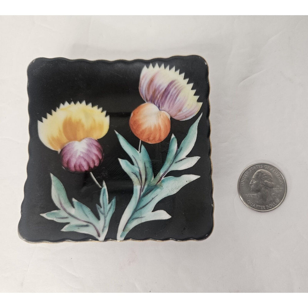 Vintage 3.5” SAJI Porcelain Trinket Dish Plate Occupied Japan Floral Black Pink