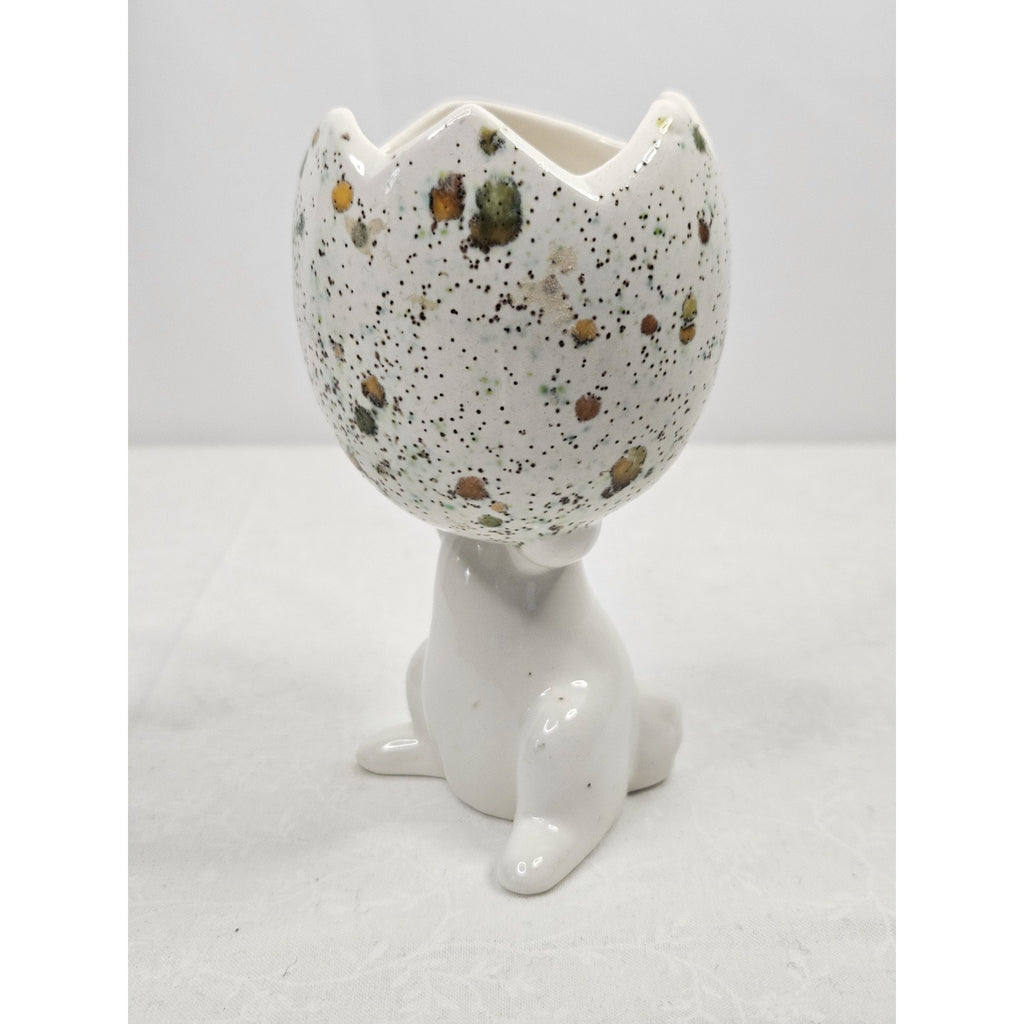Vintage Mid Century Hand Painted Porcelain Bunny Holding Egg Easter Spring Art
