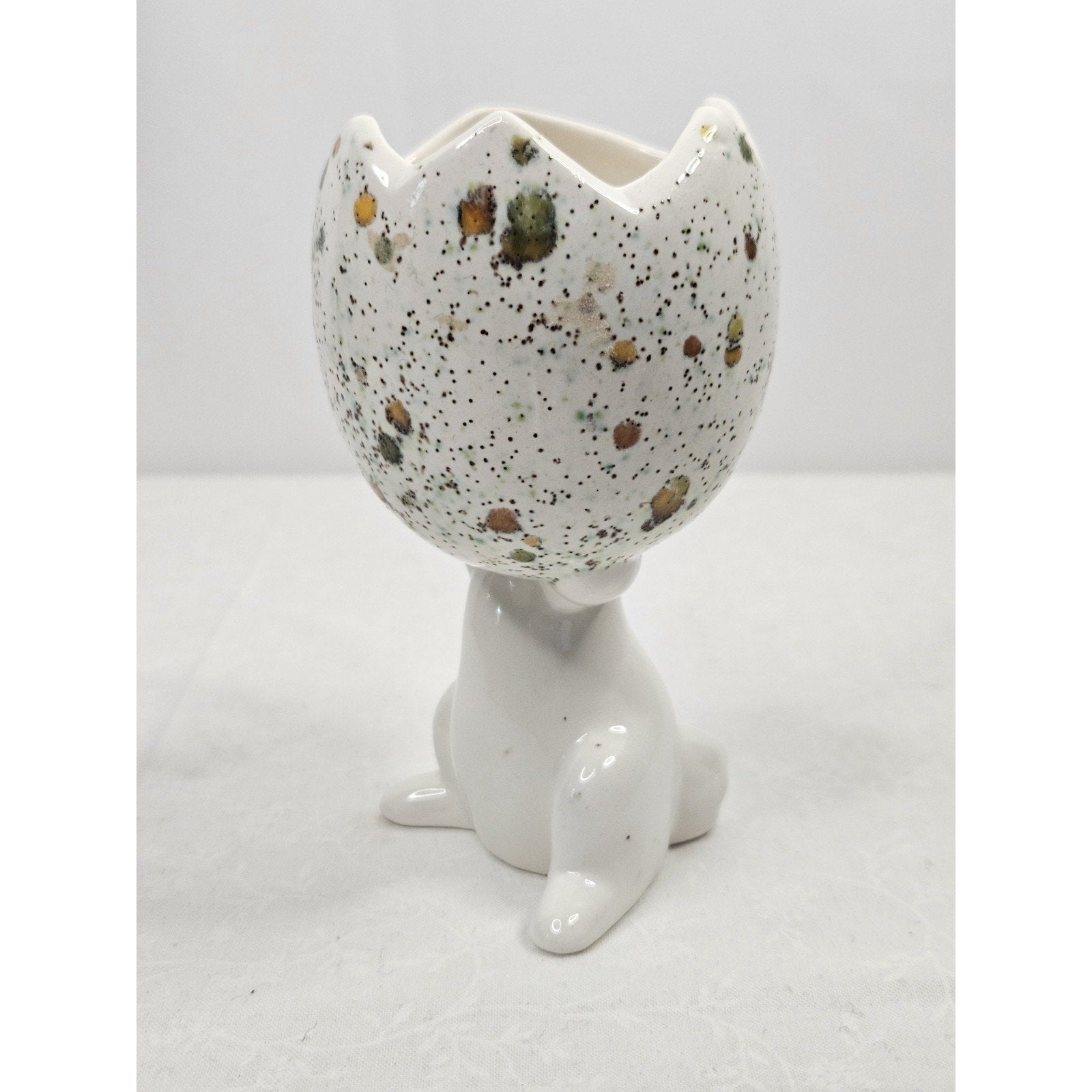 Vintage Mid Century Hand Painted Porcelain Bunny Holding Egg Easter Spring Art