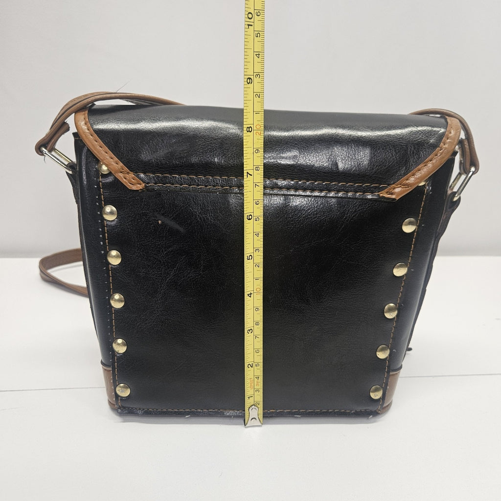 Vintage Black And Tan Leather Crossbody Shoulder Bag Purse Suede Liner Hong Kong