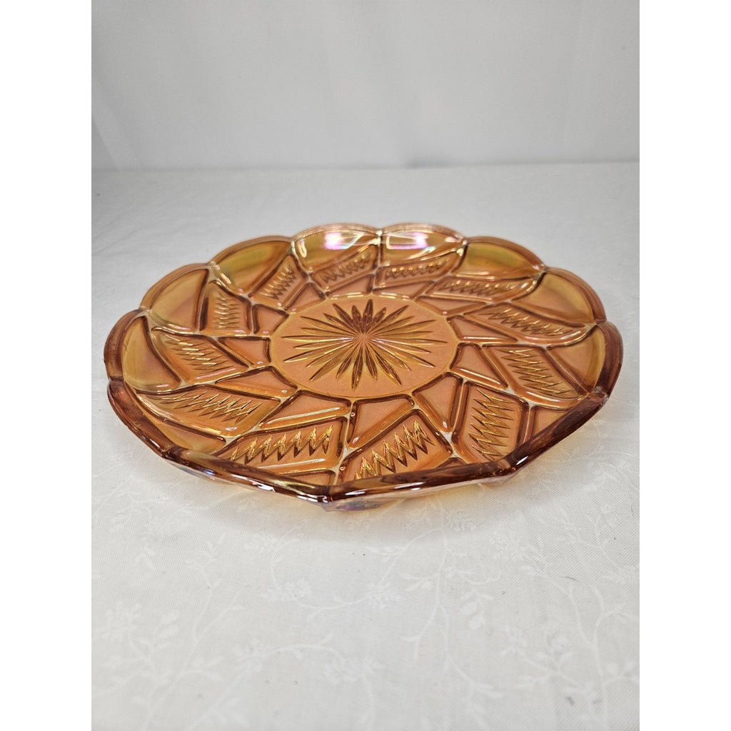 Antique Zipper Stitch Marigold Carnival Glass Plate 9"