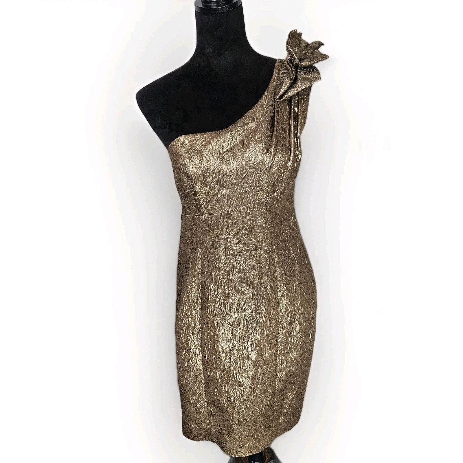 ABS Allen Schwartz Gold Mini Dress One Shoulder Gold Metallic Cocktail Sz 8