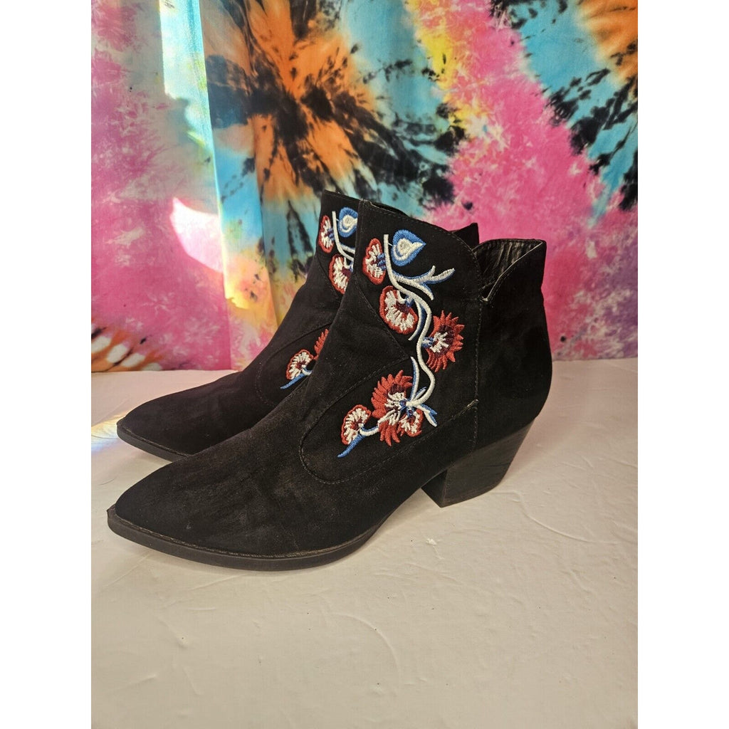 Carlos Santana Layne Ankle Boots Floral Embroidery Faux Suede Side Zip Size 9 M