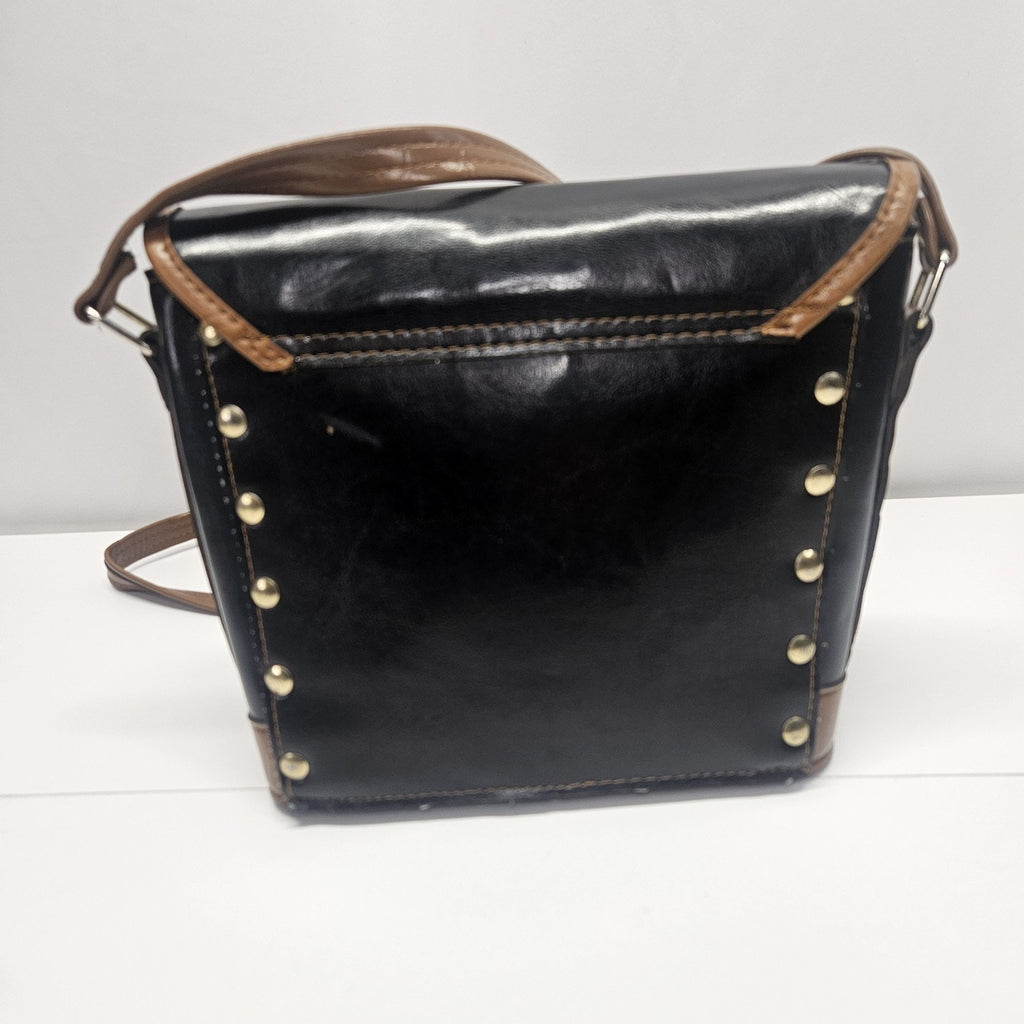 Vintage Black And Tan Leather Crossbody Shoulder Bag Purse Suede Liner Hong Kong