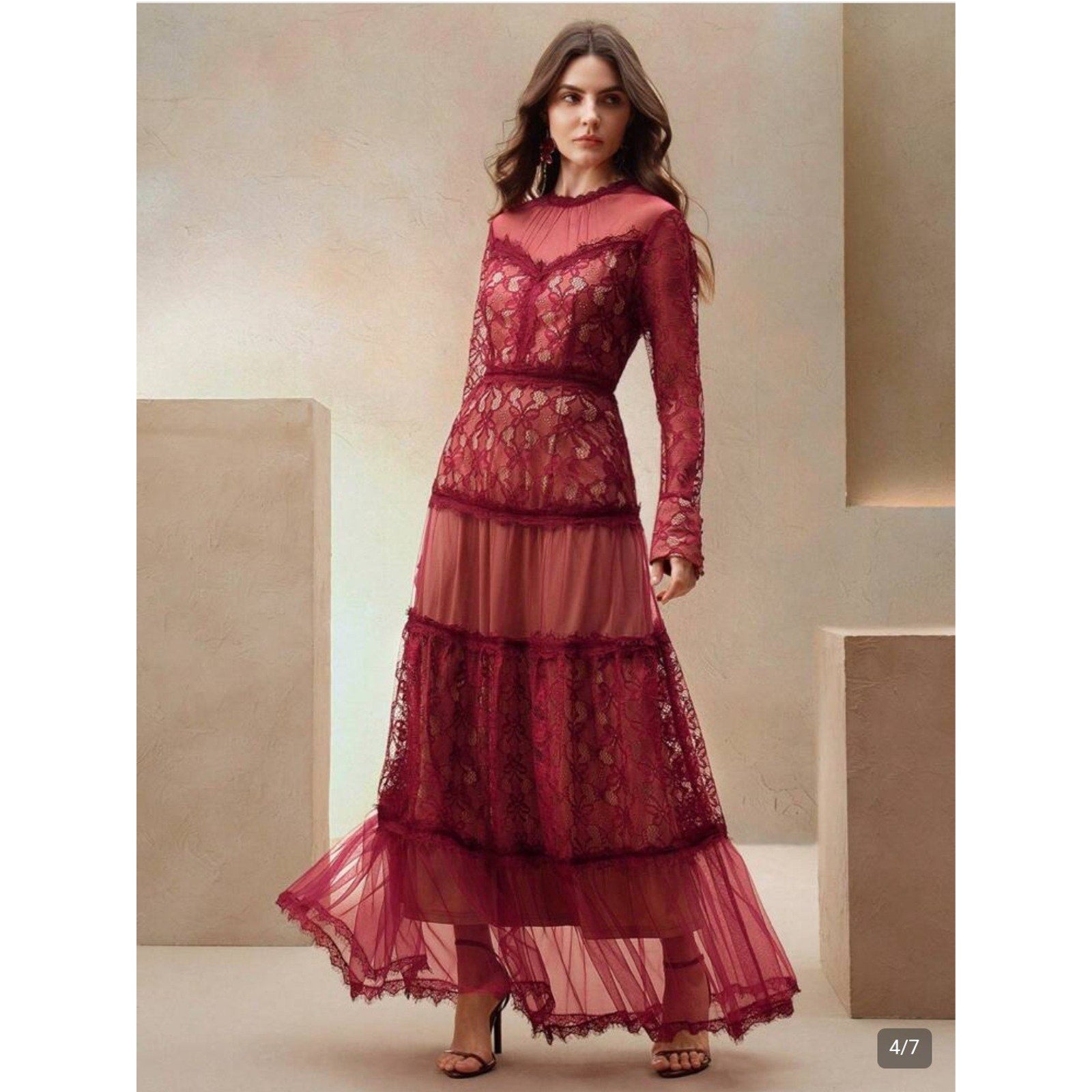 Sheer Mesh Contrast Lace Hollow Embroidered Mesh Waist-Cinched Maxi Large Red Dress