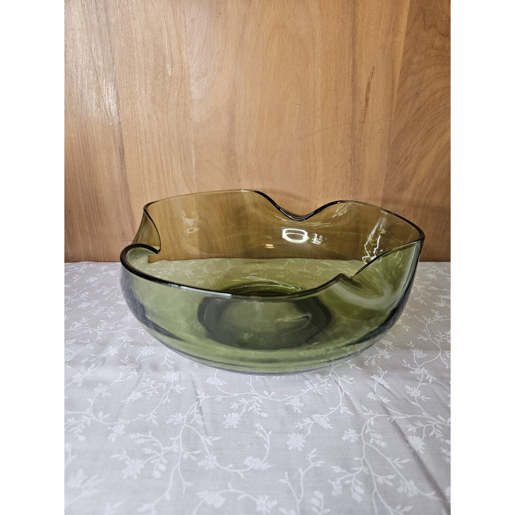 Vintage Anchor Hocking Glass Chip & Dip Bowl Set Green Glass RETRO 9.5" & 5"