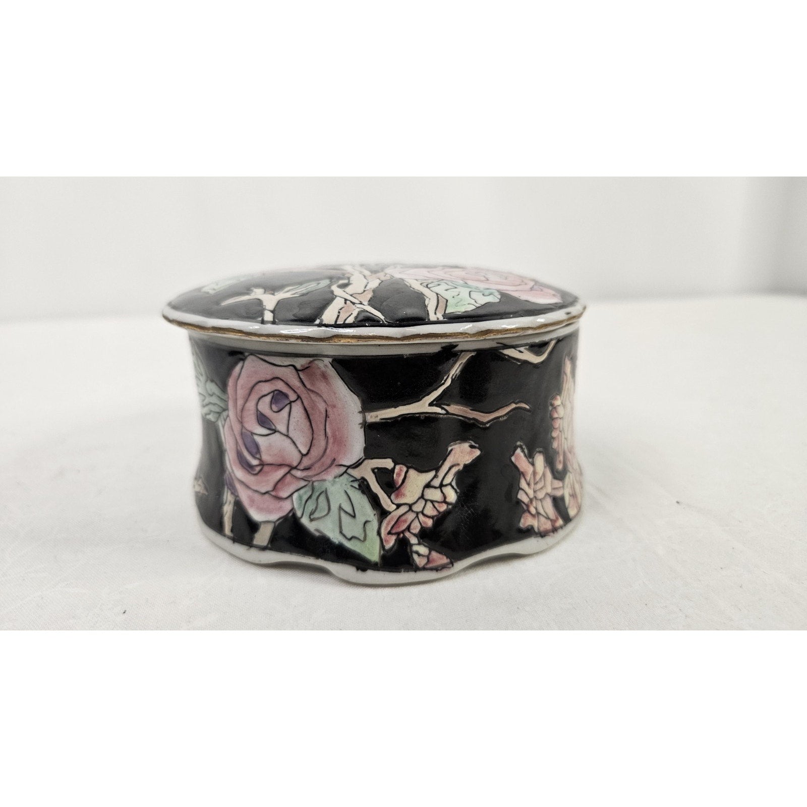 Vintage Toyo Powder Box Vintage Trinket Box Black Floral Cottage Core 4.5"