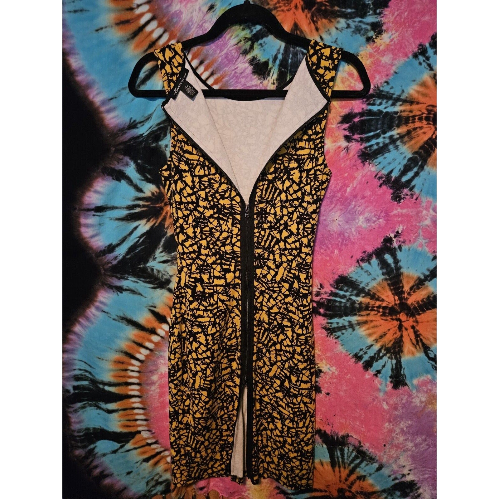 Vintage Kenneth Cole Body Con Zipper Ruched Dress Yellow & Black Abstract Print Size 4